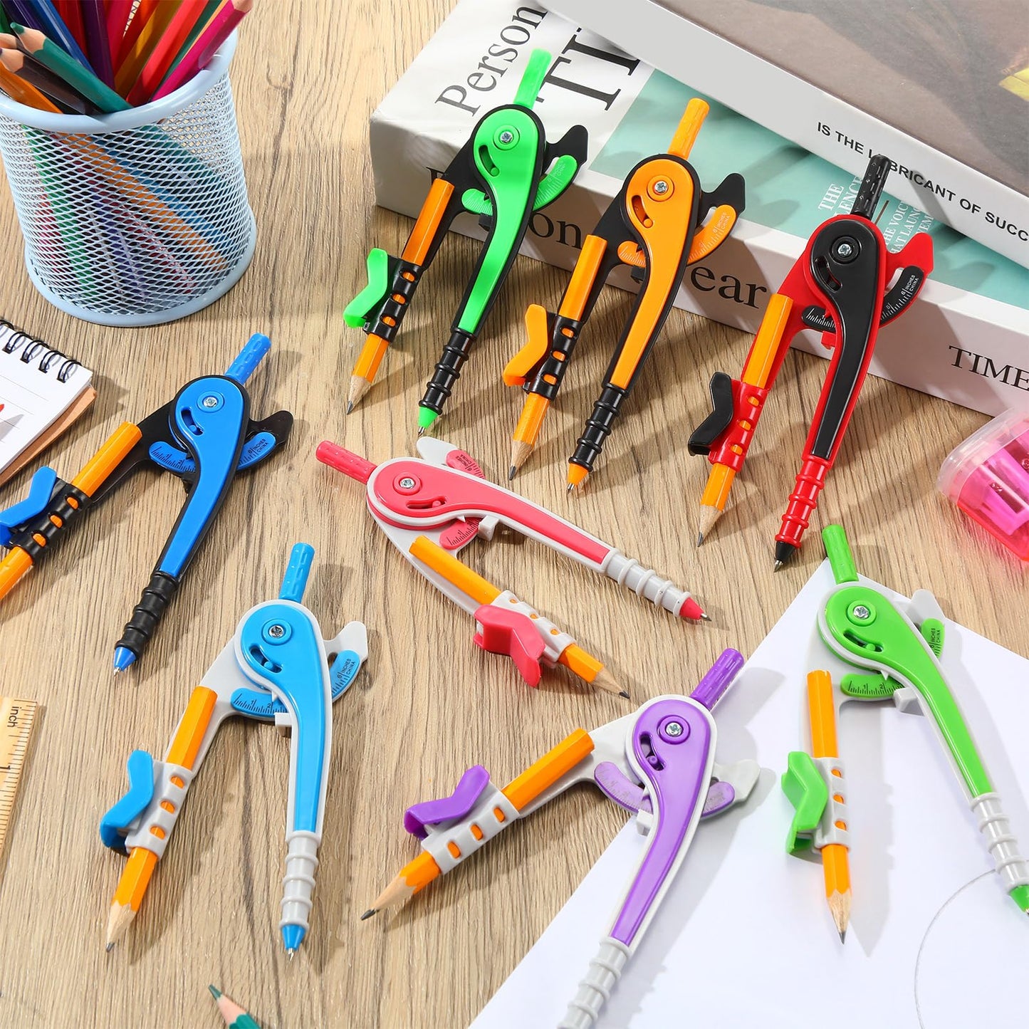 Zonon Student Math Geometry Compass Bulk 6 Inch Plastic Drawing Compass with Pencils Bright Color Precision Tool Back to School Supplies(12 Pcs)