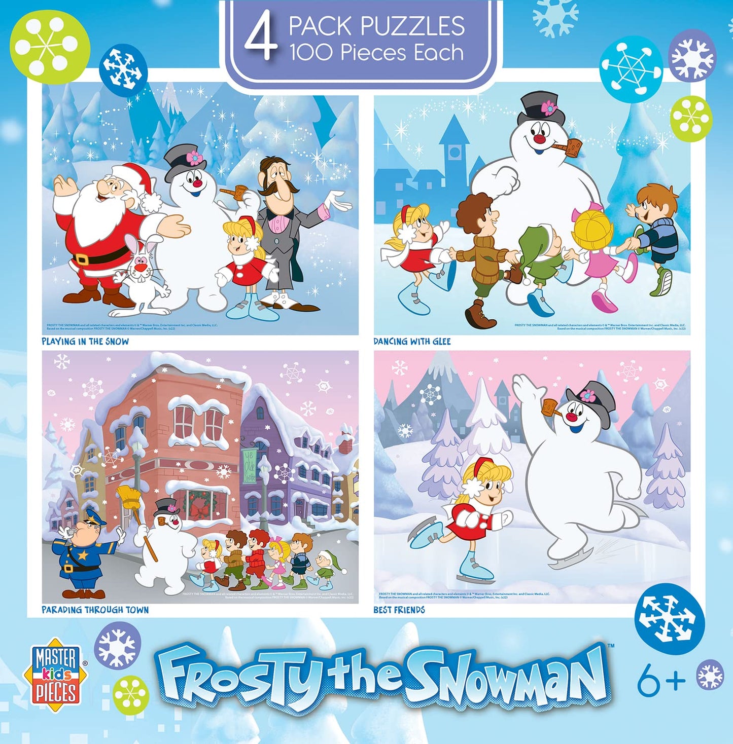 MasterPieces – Jigsaw Puzzle Set for Kids 6+ Years, 4-Pack of 100 Pieces, Educational and Fun Game, Frosty the Snowman Collection, Gift Idea for Children, 8" x 10"