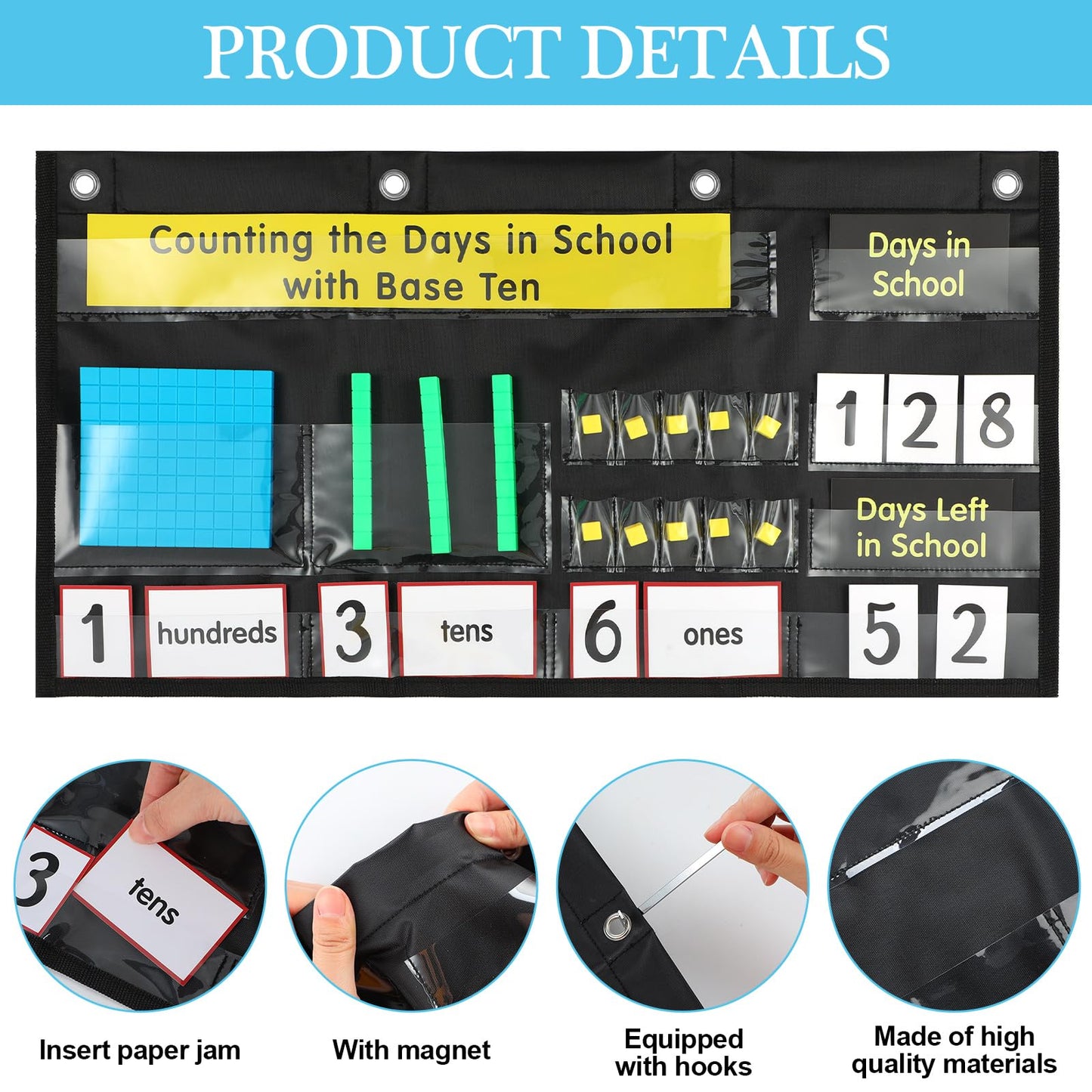 Resurhang Back to School Counting the Days with Base Ten Pocket Chart Place Value, Counting Caddie Pocket Chart for Classroom Bulletin Board School or Home Decor, 4 Hooks(Black,Classic Style)