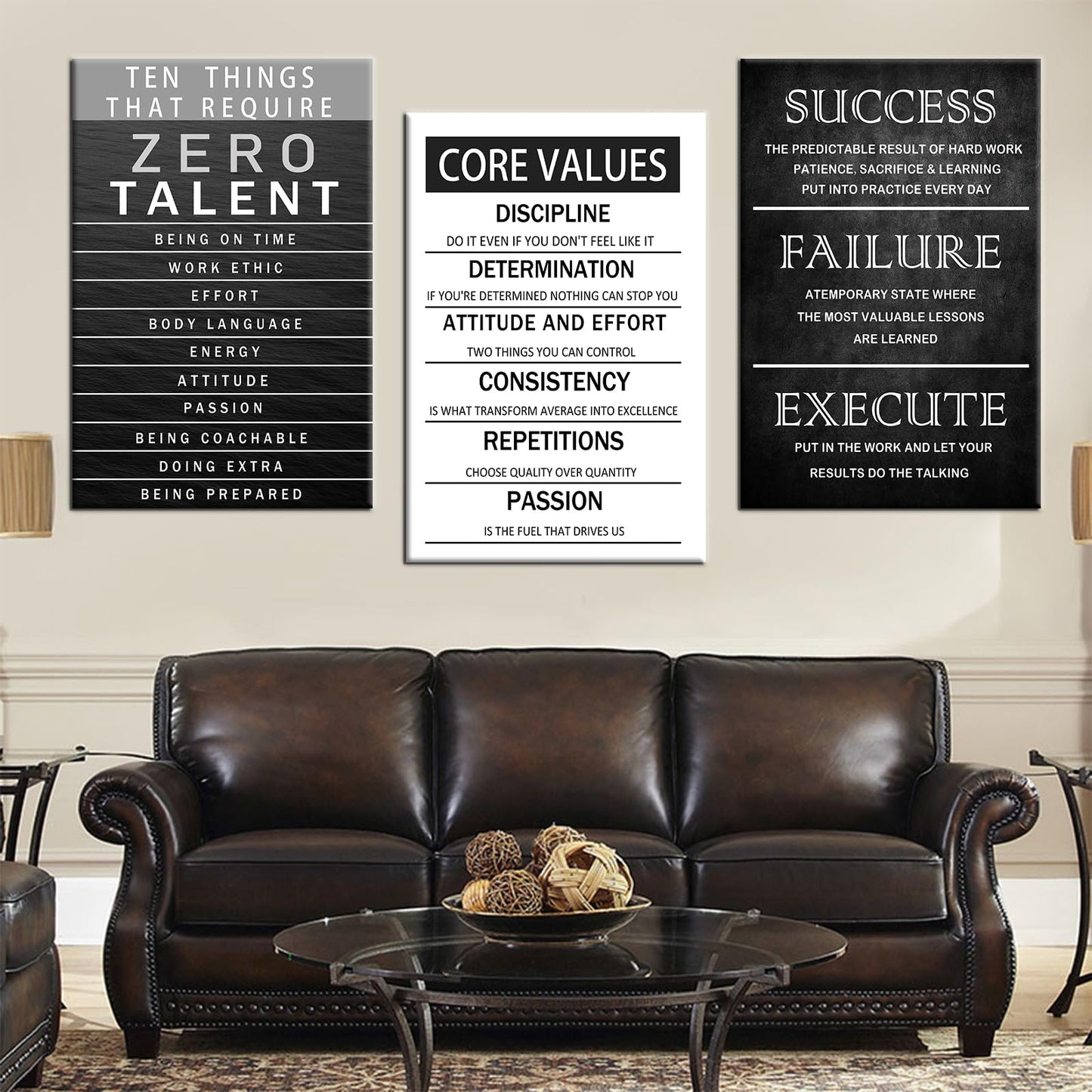 Office Inspirational Canvas Wall Art Core Values Quote Motivational Wall Decor Zero Talent Poster Picture Print 3 Panels Modern Inspiring Painting Artwork for Living Room Home Decor [72''Wx 36''H]