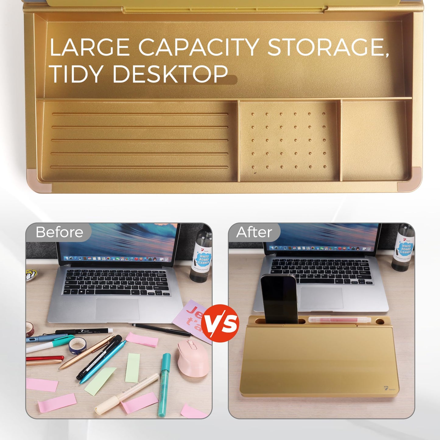 TOWON Small Compact Glass Desktop Whiteboard with Storage – 12 x 7 in Dry Erase Board for Desk, Home Office, School | Includes 5 Markers, Eraser & Holder | Space-Saving Organizer, Metallic Gold