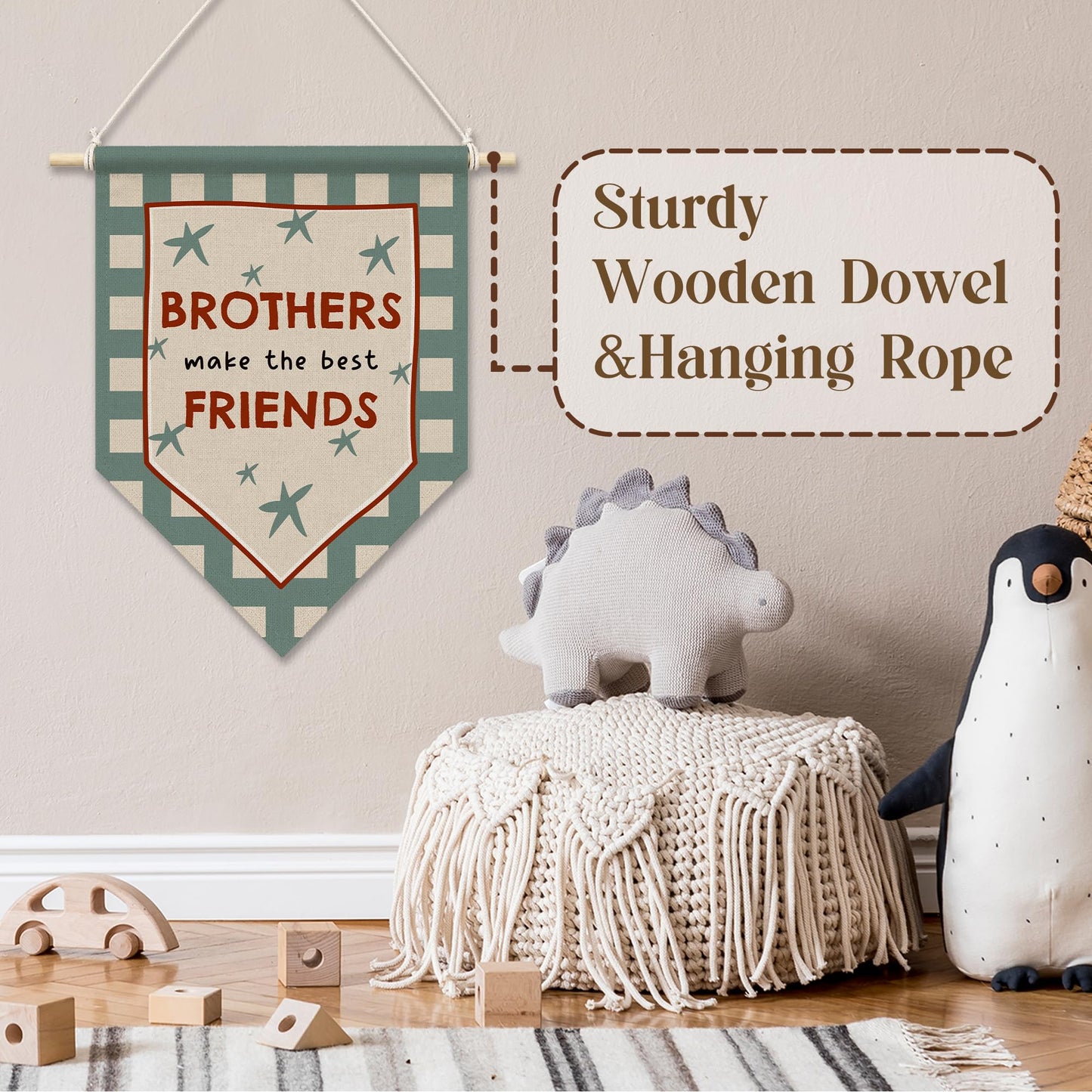 RUKUPA Boys Room Wall Art Decor, Kids Playroom Hanging Pennant Flag, Brothers Make the Best Friends Nursery Wall Art Poster Hanger for Kids Toddler Boys Room Playroom Bedroom Decor, 11x15 Inch