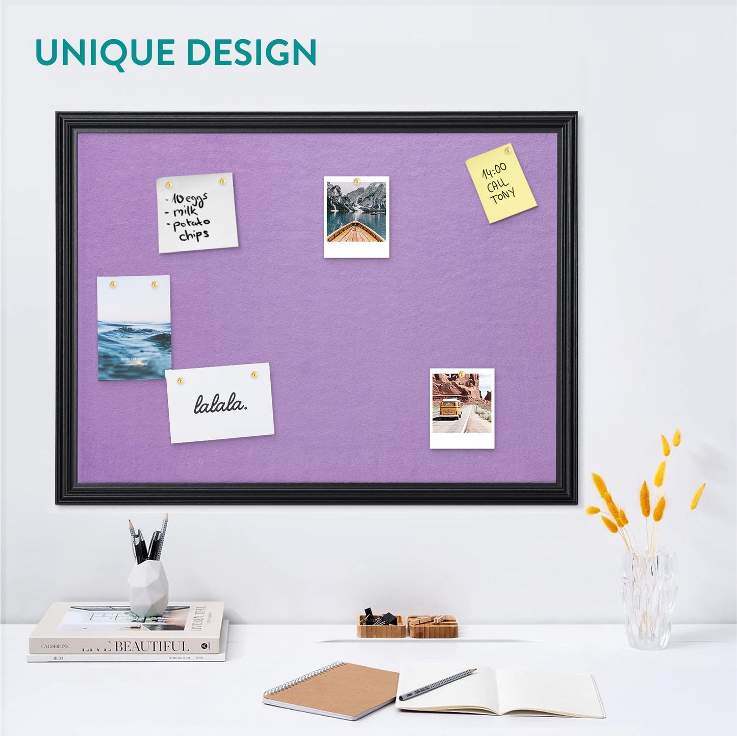 Navaris Framed Fabric Bulletin Board - 18 x 24 inches Plush Jewelry Organizer Pinboard for Wall - Memory Memo Pin Board - Purple with Black Frame