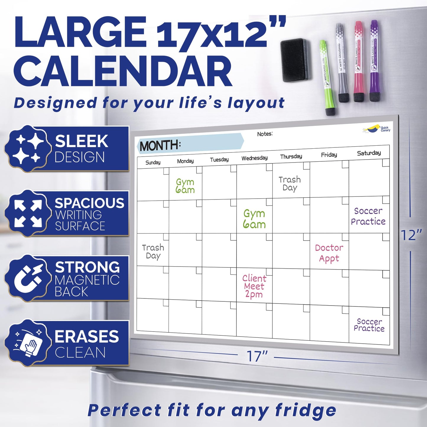 Monthly Magnetic Calendar for Refrigerator - 17x12” Stain-Resistant Dry Erase Fridge Calendar Whiteboard with Large Writing Space for Schedules, Chores & Meals - With 4 Markers & Eraser - Sunday Start