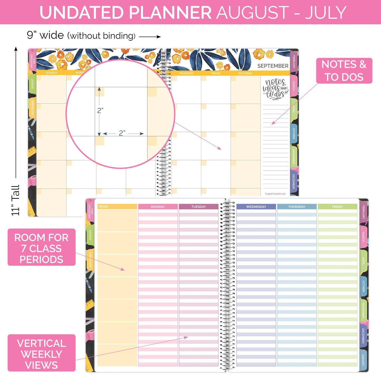 bloom daily planners Undated Academic Year Teacher Planner & Calendar - 7 Period Lesson Plan Organizer Book with Frosted Protective Cover (9" x 11") - Chalkboard
