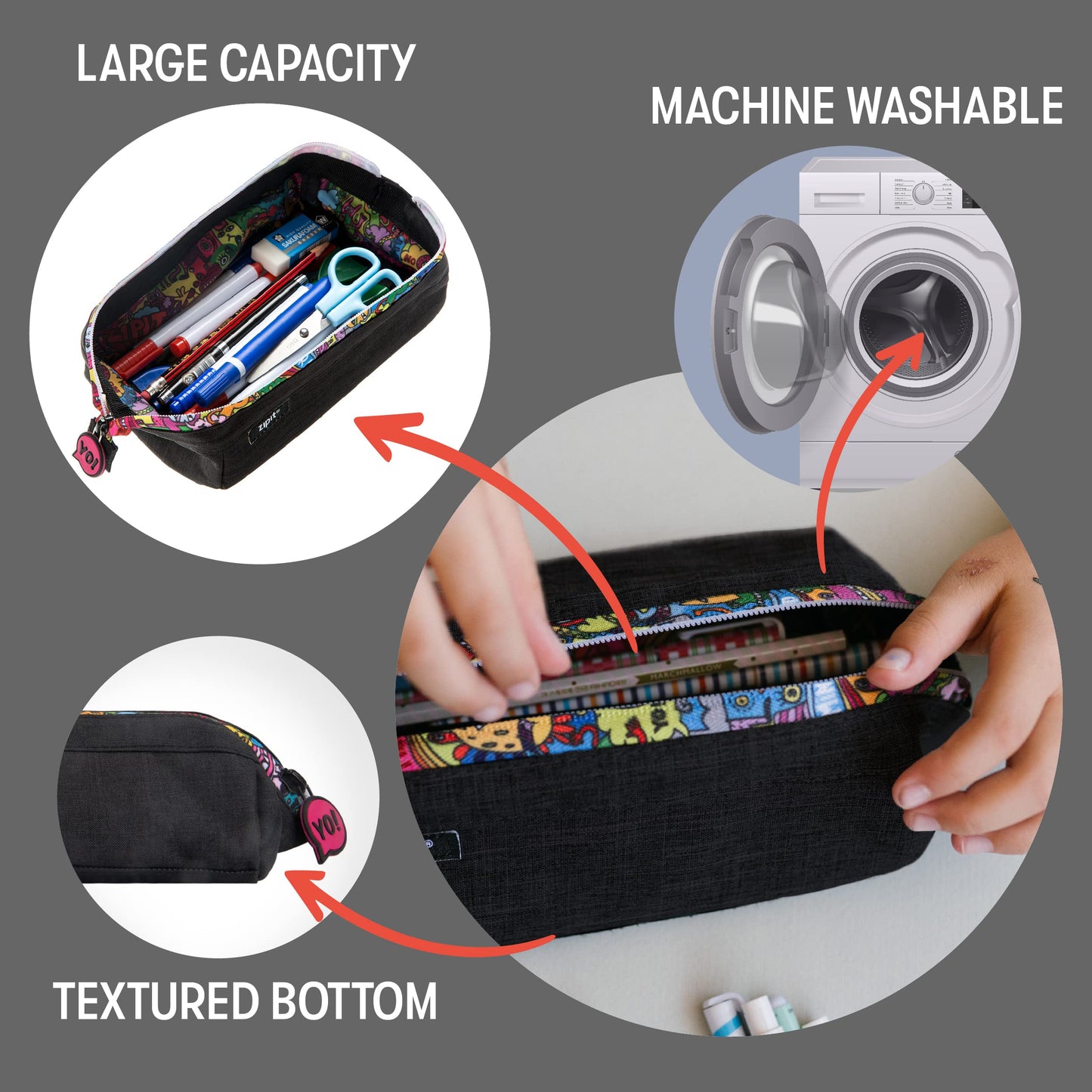 ZIPIT: Lenny Pencil Case - Black & Doodles - Large Storage Capacity Zipper Pouch, Makeup-Stationery Bag, School, Washable Polyester, Kids-Teens-Adults