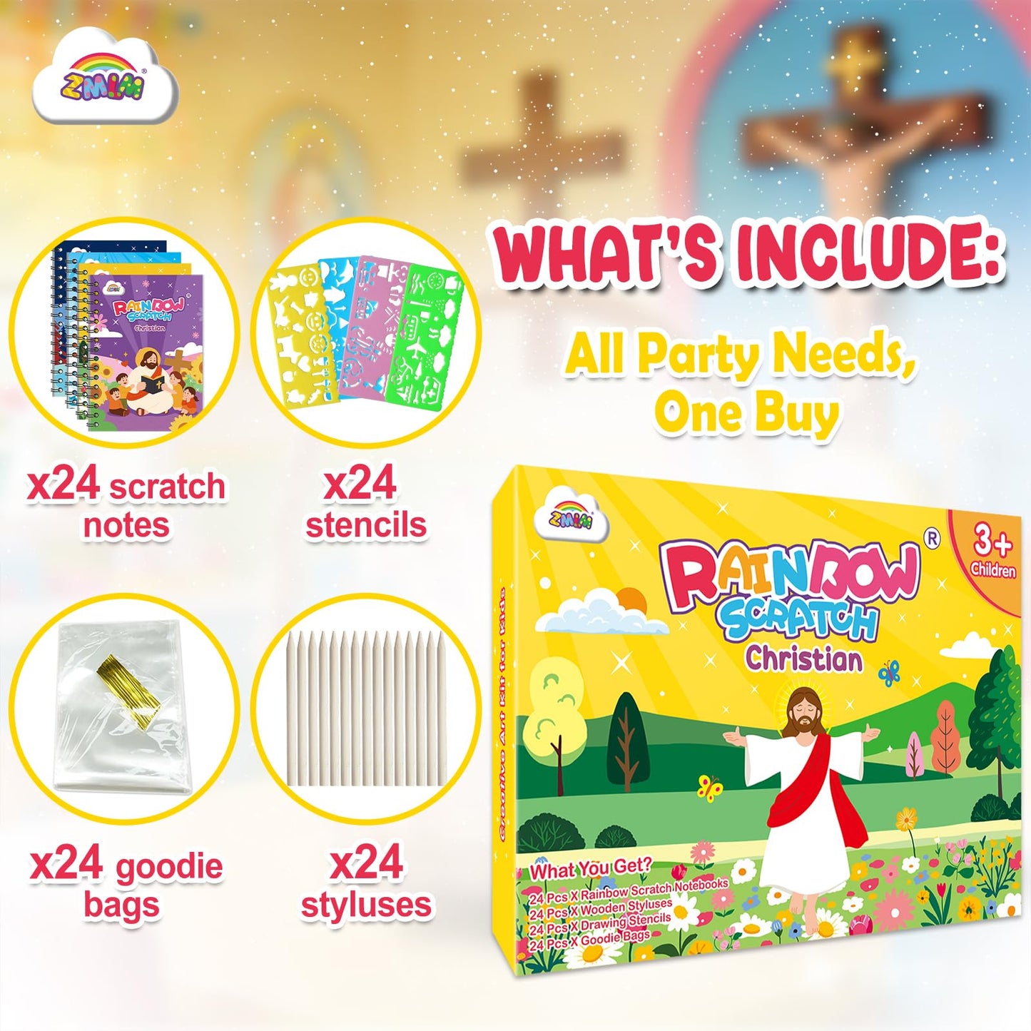 ZMLM Rainbow Scratch Party Favors Kids: Birthday Gifts Toy Bulk Scratch Art Notebook Birthday Goodie Bags Stuffers Girls Boys Art Craft Kit Pads Classroom Prizes School Teacher Return (Christian, 24)