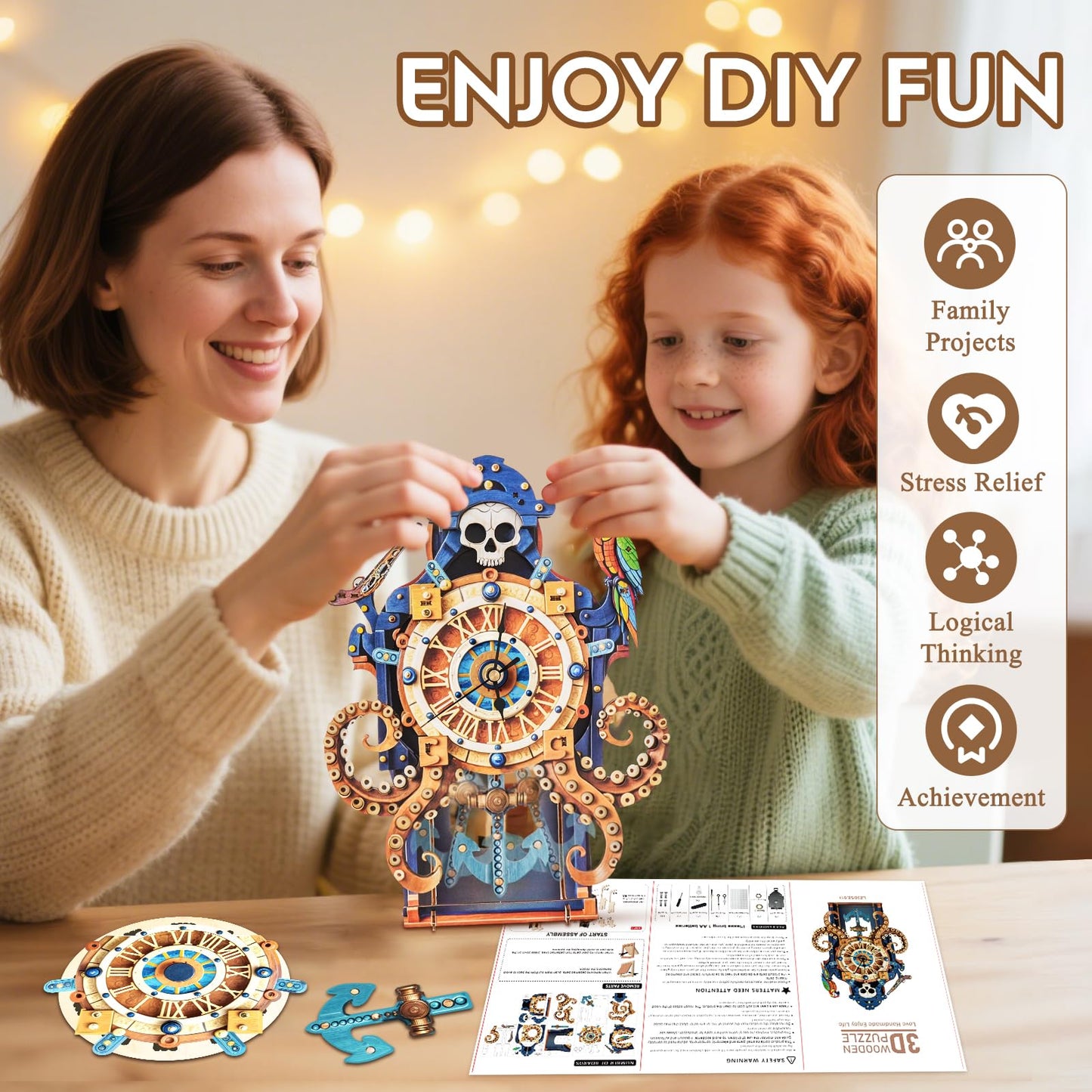 3D Puzzles for Adults Wooden Clock-Octopus Pirate Model Kit, Mechanical DIY Pendulum Clock with Roman Numerals-Home Wall Decor, Birthday Christmas Day Gift for DIY Lovers