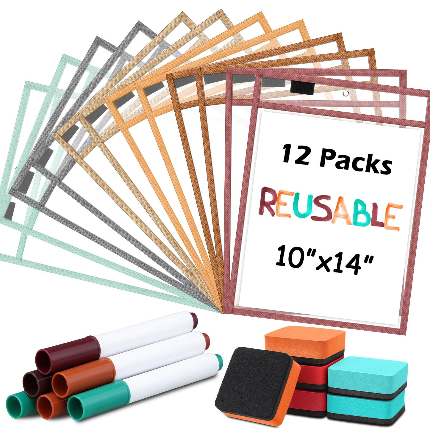 Watersay 24 Pcs Dry Erase Pocket Reusable Sleeves 10" x 14" Clear Plastic Sheet Protectors with Markers and Mini Dry Erasers for Paper (Retro Boho)