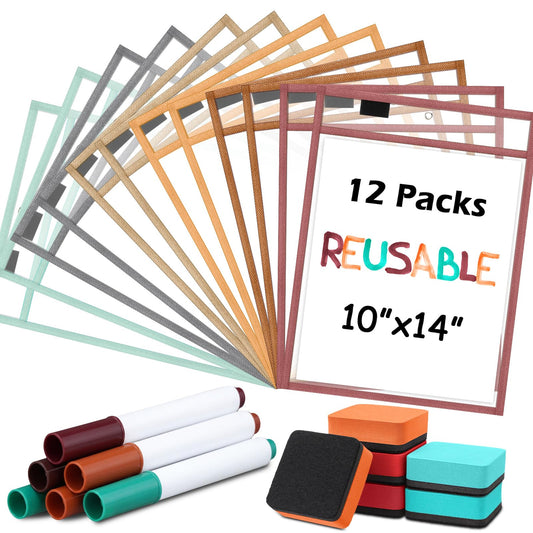 Watersay 24 Pcs Dry Erase Pocket Reusable Sleeves 10" x 14" Clear Plastic Sheet Protectors with Markers and Mini Dry Erasers for Paper (Retro Boho)