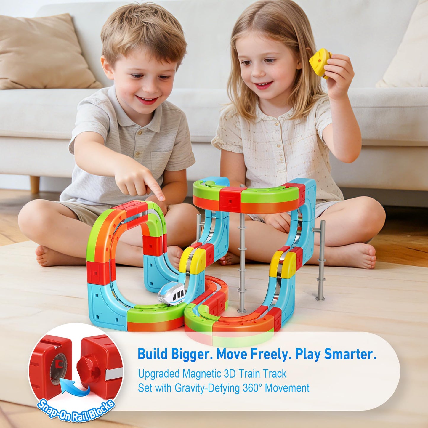 Hestiasko Magnetic Train Set for Kids, 3D Electric Train Set, Modular DIY Building Track Toy with Vertical Climb & Upside Down Action, STEM Educational Toy Gift for Boys Girls Ages 3+
