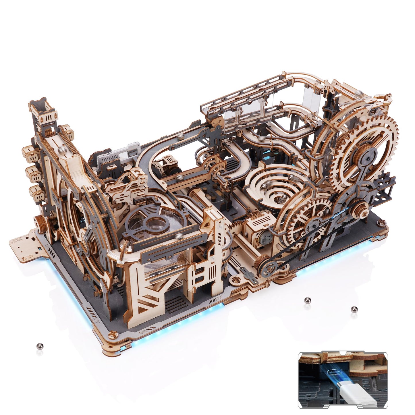 ROBOTIME 3D Puzzle - Combination Set Marble Tracks - Motorized Marble Spaceport LGC01+Marble Night City LGA01+Link Pack LG01 - Engineering Gift Choice