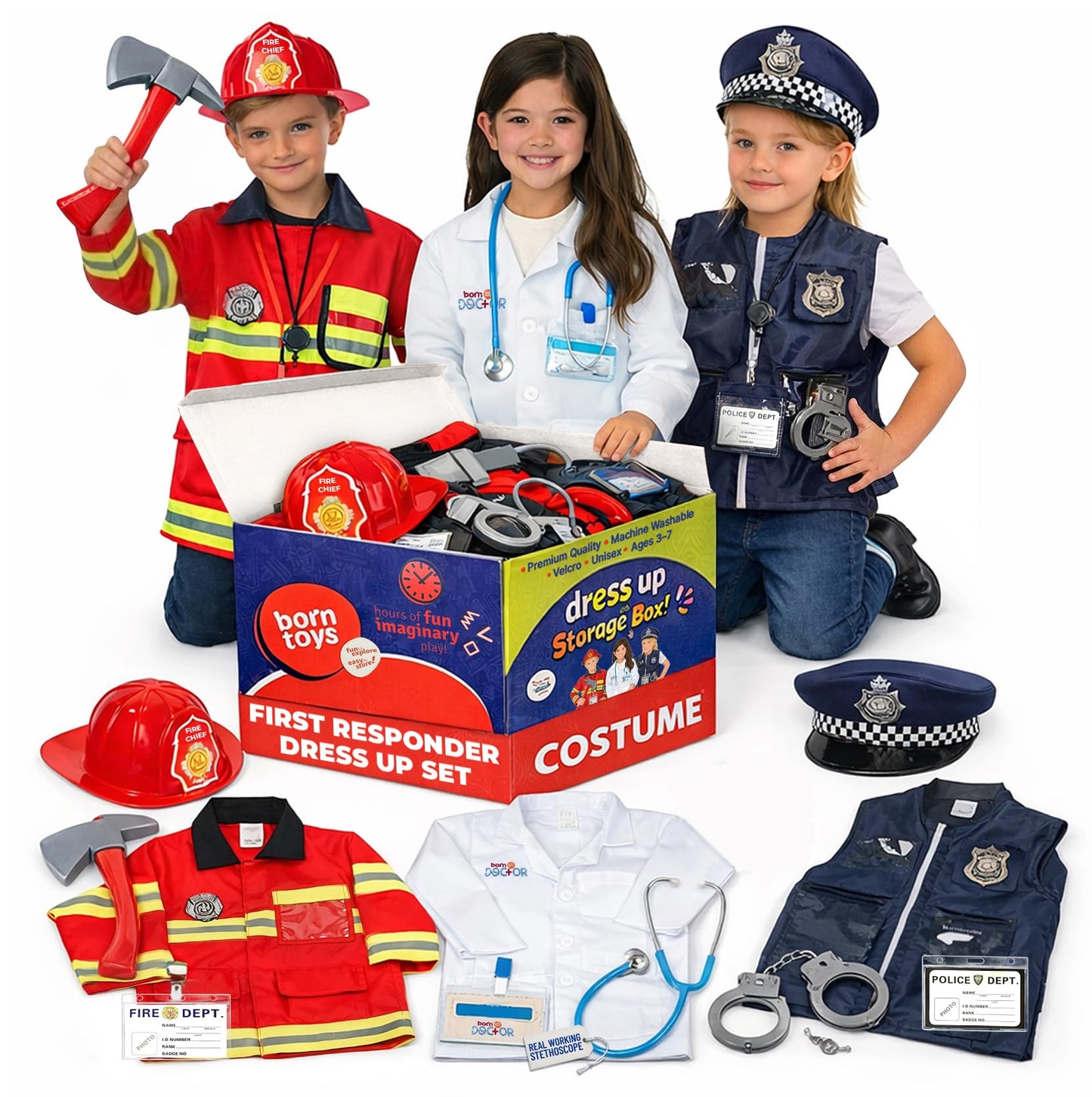 Born Toys 3-in-1 Toddler Dress Up Clothes for Boys & Girls Ages 3-7, Police, Firefighter and Doctor Pretend Play Set with Toy Accessories, Washable Costumes for Kids Career Day Outfit, Gift Ready Set