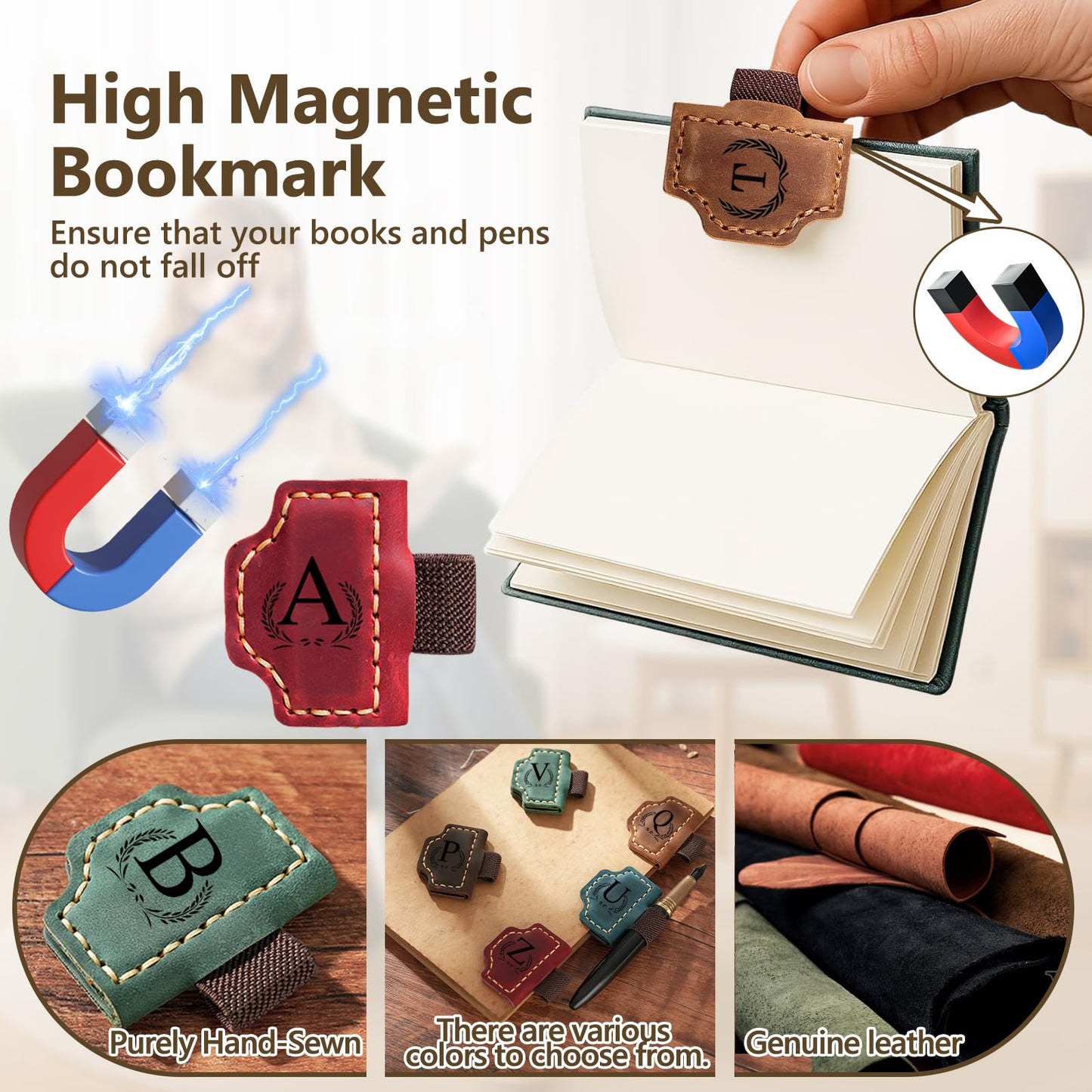 Custom Bygone Mark Bookmark with Pen Holder, 26 Letters Name Initial Personalized Magnetic Leather Bookmark, Gifts for Book Lovers, Readers, Travelers, Leather Book Marks (Blue, G)