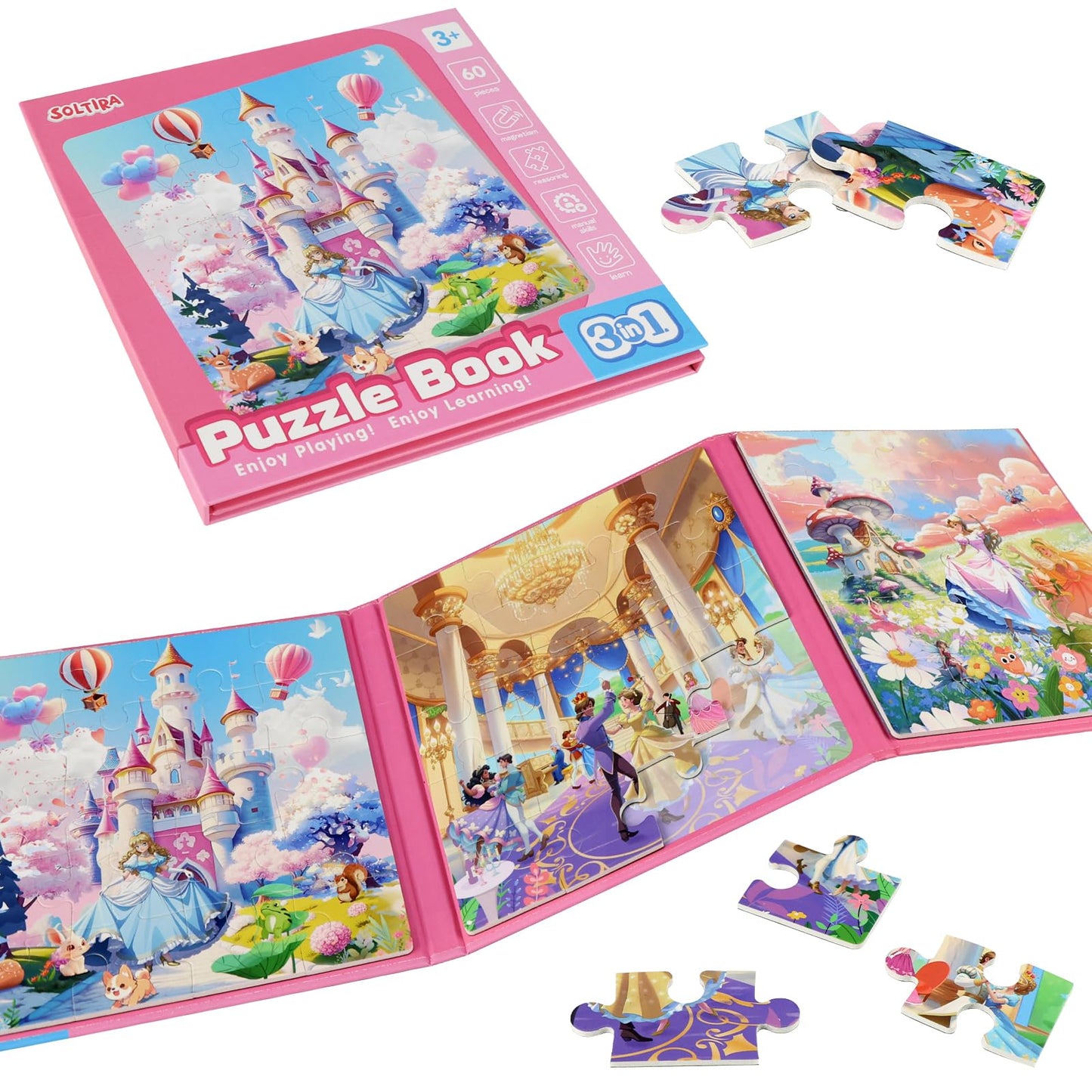Princess Magnetic Puzzles for Toddlers 3-5 3 * 20 PCS Princess Themes Puzzle Magnetic Puzzles for Girls 4-6 Travel Puzzles or Airplane/Car/Road Trip Gift Toys for Girl 4-8 Years Old