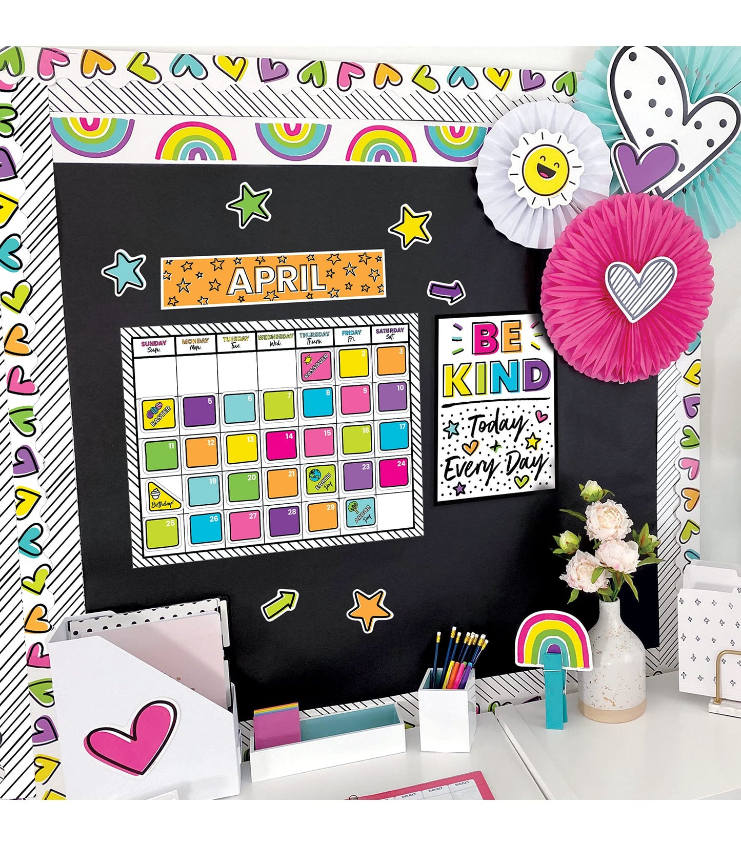 Carson Dellosa Kind Vibes 129 pc Set Wall Calendar, Monthly Headers, Birthdays, Holidays, Number Cover Ups, Motivational Poster, Star Cutouts, and More for Bulletin Board and Classroom Decor