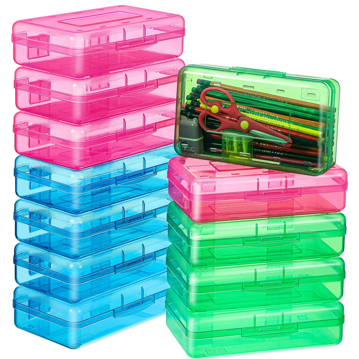 Fainne 24 Pack Pencil Boxes for School Clear Plastic Pencil Case Large Plastic Crayon Box Bulk Stackable Classroom Stationery Organizer School Supplies(Red, Blue, Green)