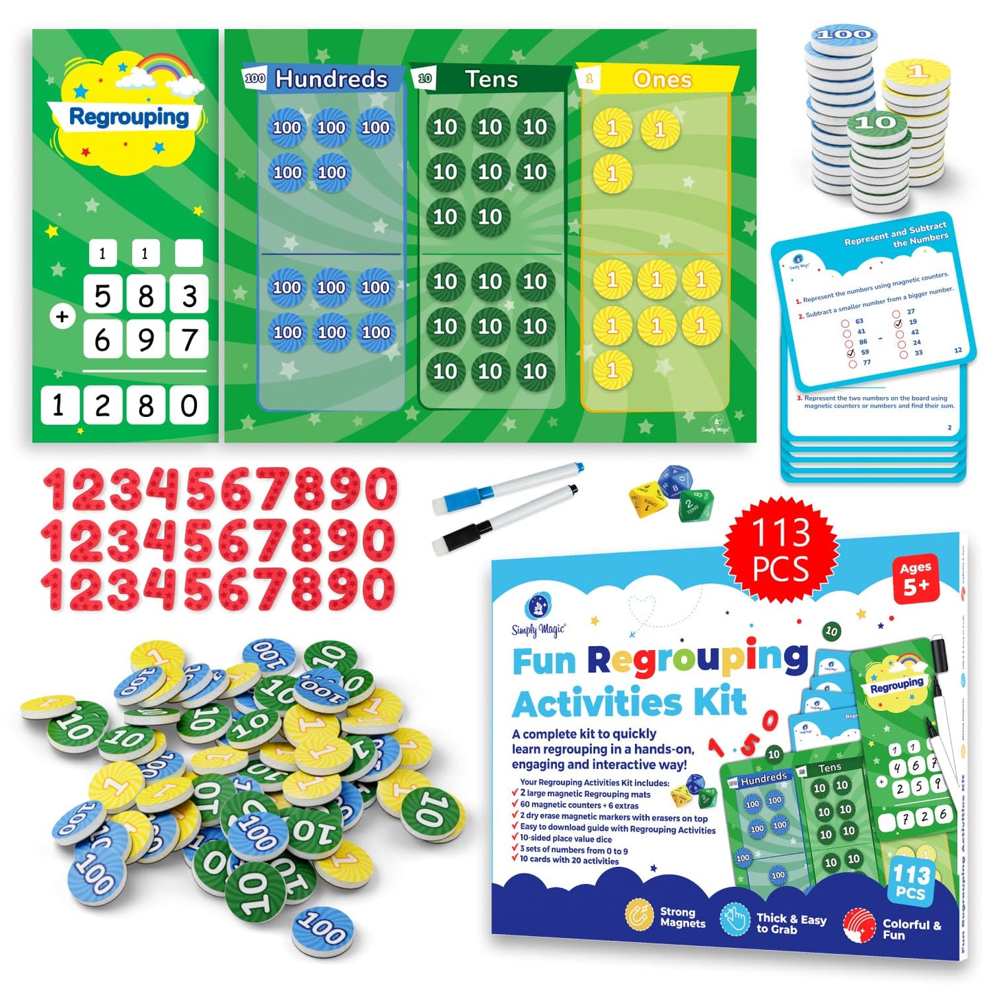113 PCS Fun Magnetic Regrouping Activities Kit, Place Value Magnets 1st 2nd 3rd 4th Grade, Magnetic Place Value Chart Mat, Magnetic Place Value Discs Chips, Base Ten Math Manipulatives - Simply Magic