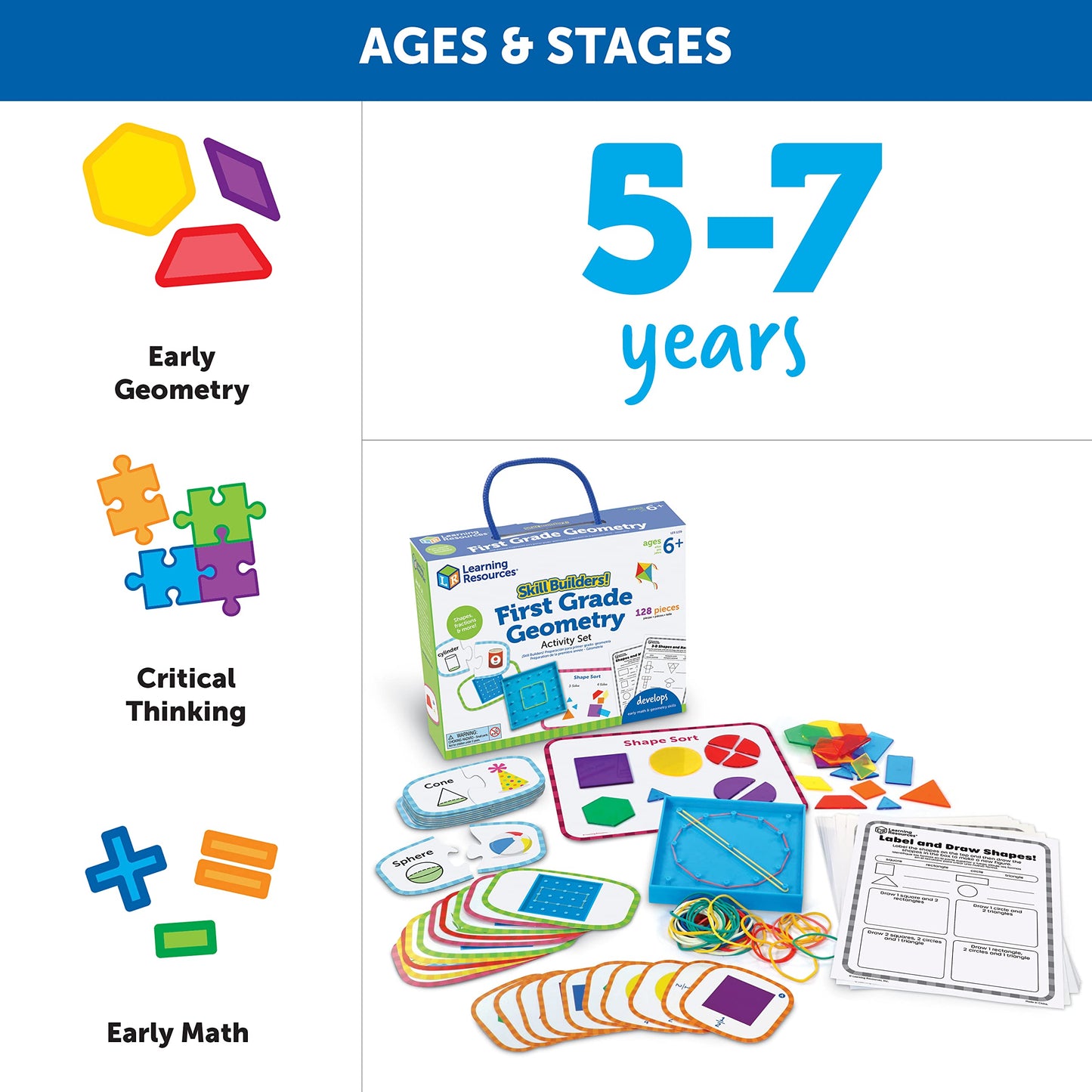 Learning Resources Skill Builders First Grade Geometry - Geometry Set for Students, First Grade Math Manipulatives, Hands On Learning Activities, Homeschool and Classroom Math Teaching Tools