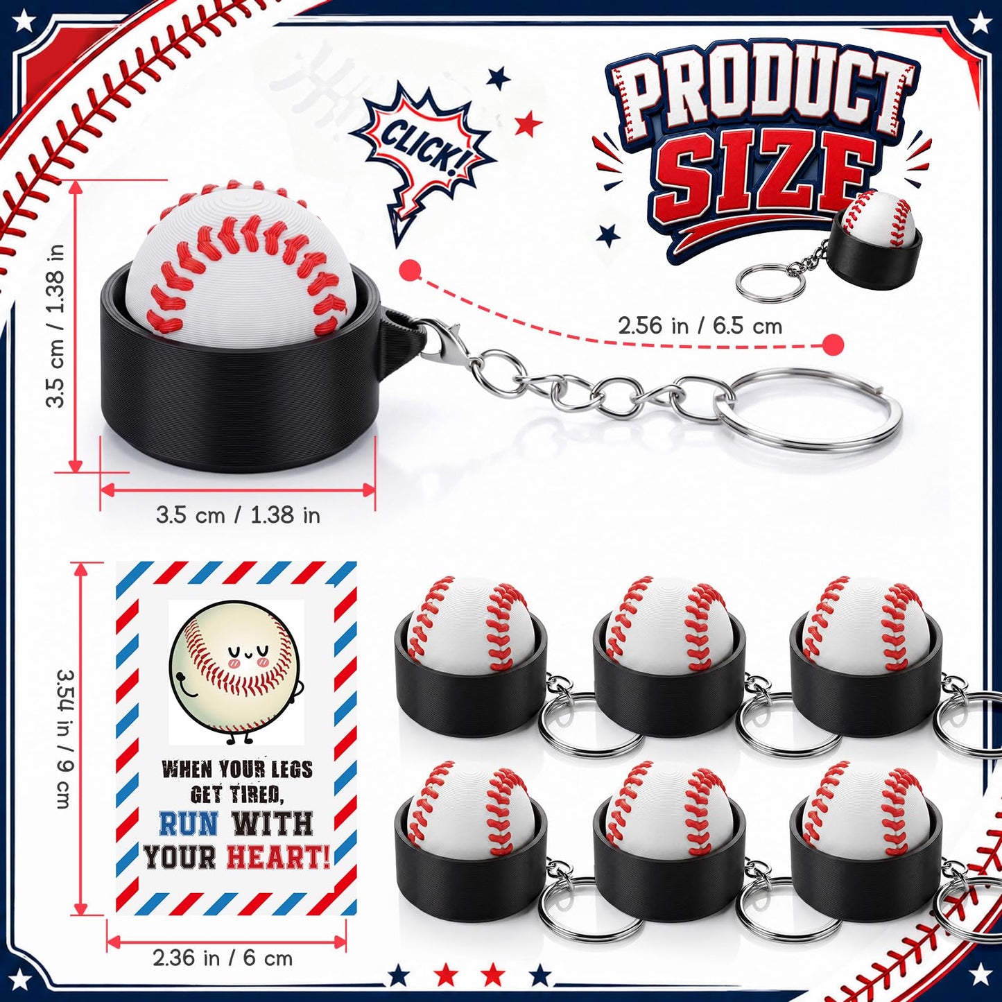 Junkin 12 Set Baseball Fidget Clicker Keychain Gifts 3D Printed Baseball Sensory Clicker Keychain with Inspirational Cards Anxiety and Stress Relief for Graduation Sports Team Adults Party Decorations