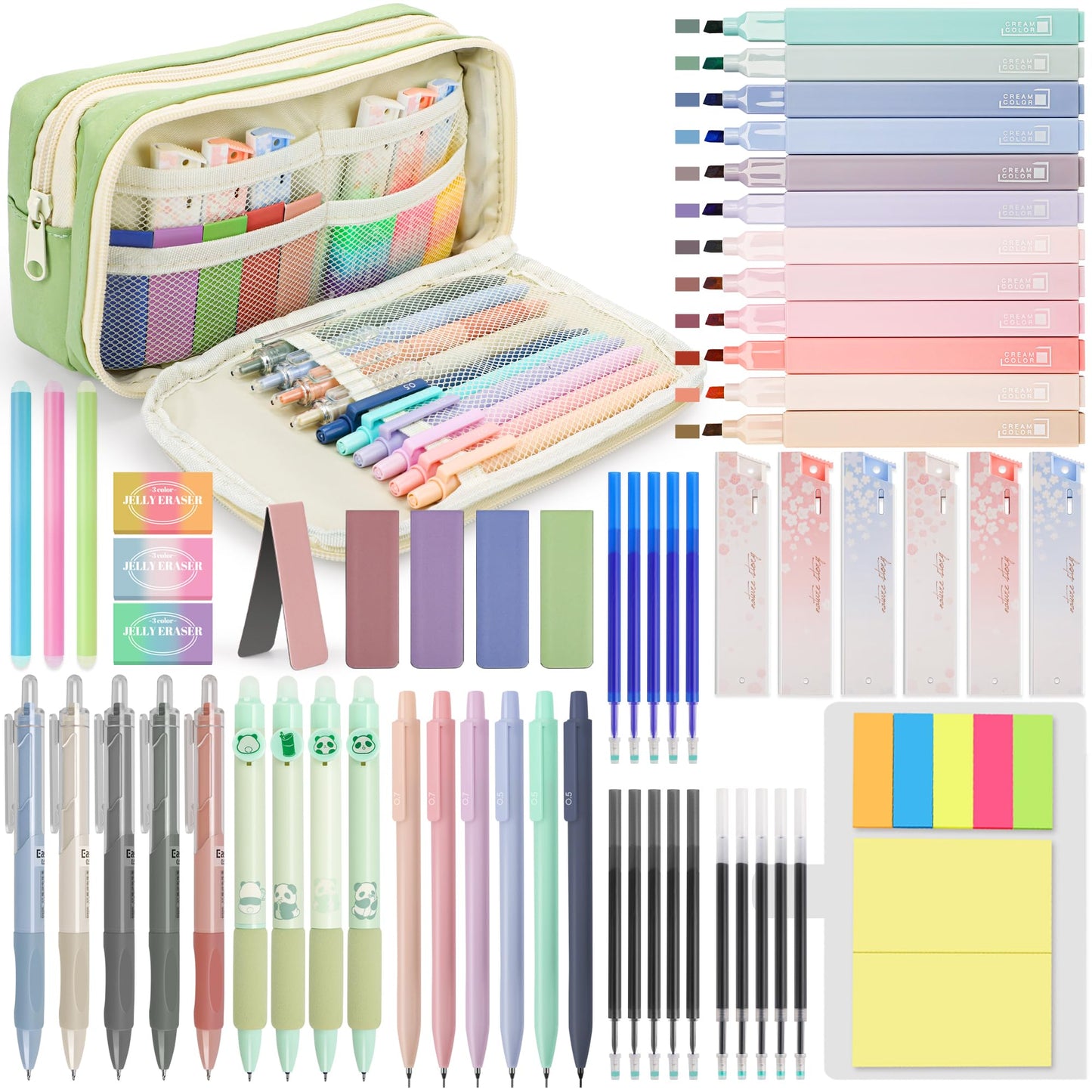 DazSpirit 61 PCS Aesthetic School Supplies with Cute Pencil Case, Pastel No Bleed Highlighters, Gel & Erasable Pens, Mechanical Pencils, Refills, Complete Essentials Stationery Kit for Students, Green