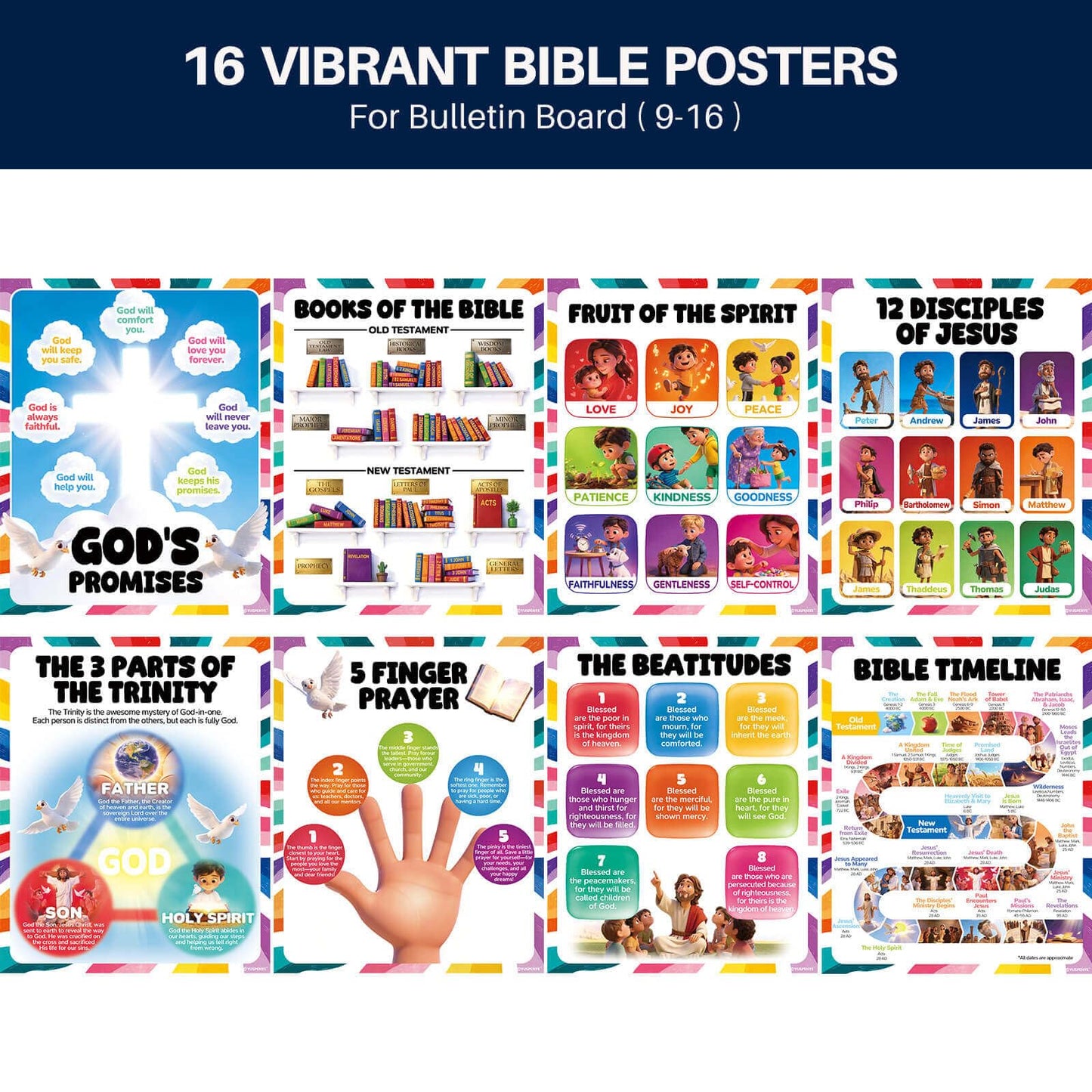 16pcs Bible Posters for Kids, 11x14in Sunday School Decorations for Classroom, Laminated Christian Wall Art with Glue Dots, Waterproof Books of the Bible Scripture Educational Prints for Homeschool