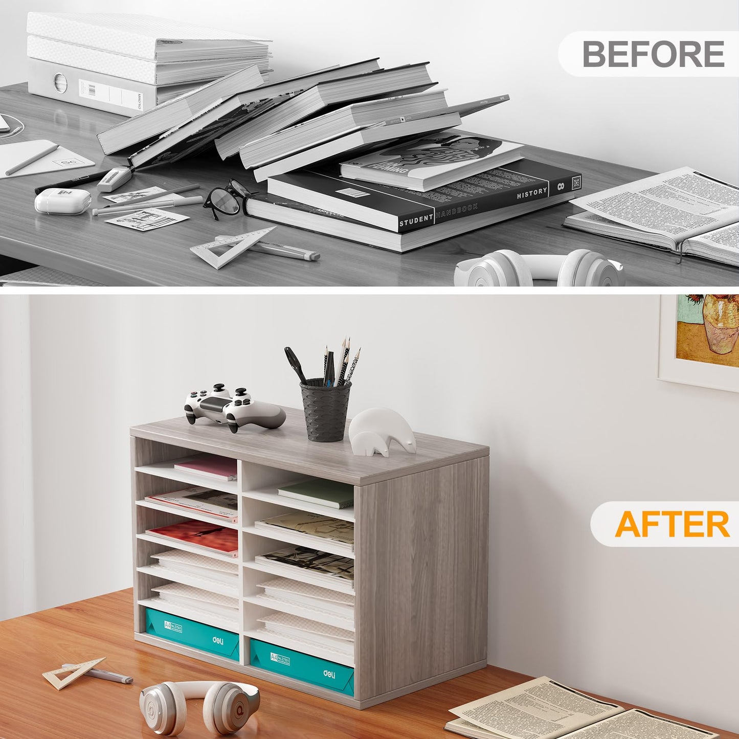 EasyPAG 12 Compartments Wooden Literature Organizer with Adjustable Shelves, 6000 Sheets Capacity Paper Organizer, Classroom Mailbox and Mail Sorter for Teachers and Office, Retro Gray/White