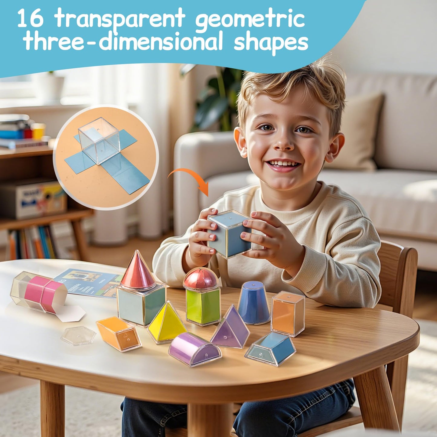 TOMMYHOME Geometric Shapes Manipulatives, 16pc Geometric Solids Set Folding Demonstrator Manipulatives for School Teaching Math, Classroom Must Haves, Homeschool Math Teaching Supplies (16 PCS)
