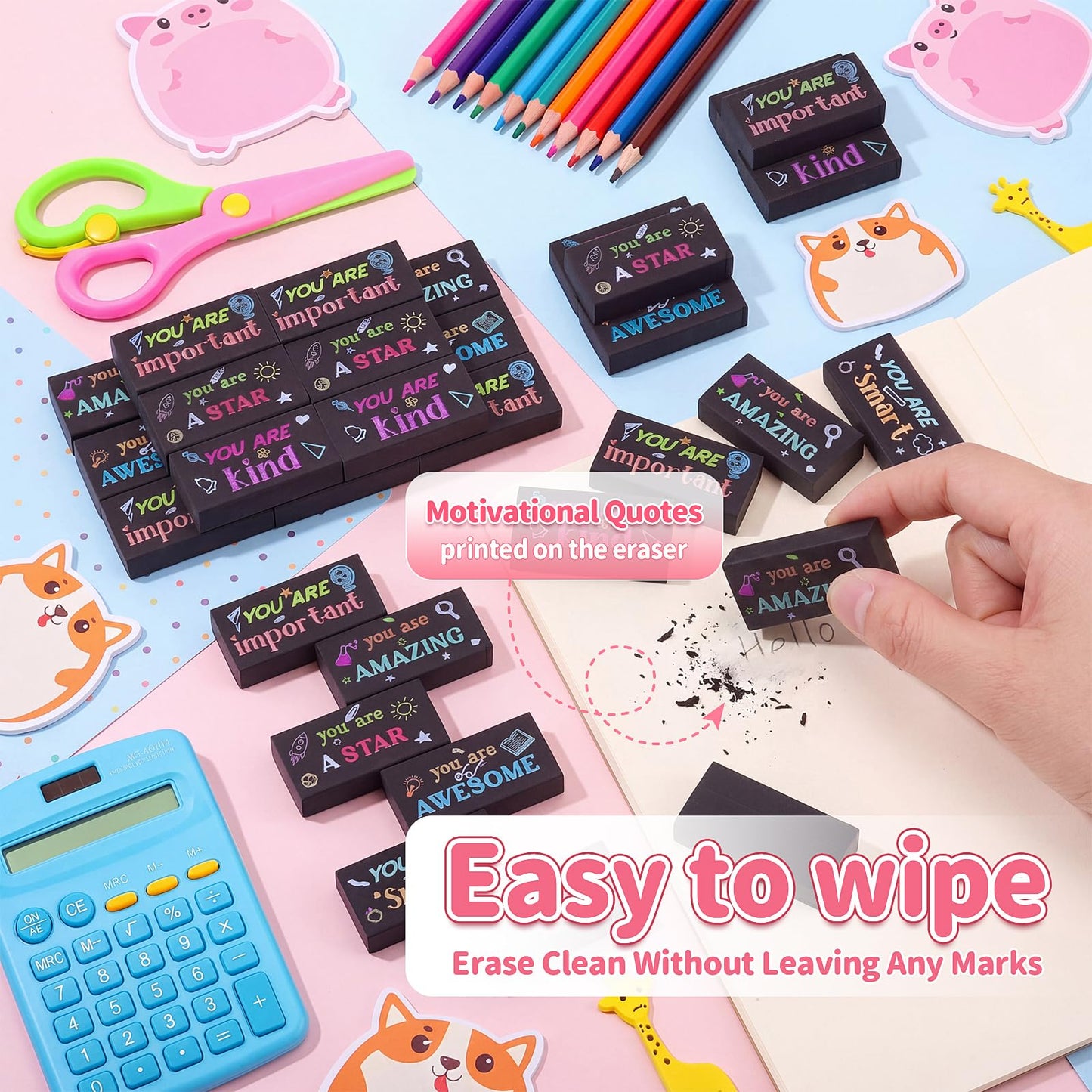 Resurhang 180 Pcs Erasers Bulk for Kids Inspirational Pencil Erasers Bulk for Drawing Motivational Big Eraser School Supplies for Classrooms Back to School Office (Inspirational,Black)