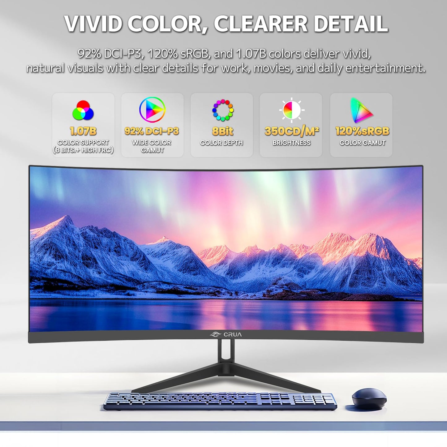 CRUA 34" Ultrawide Curved Monitor, 21:9 UWQHD 3440x1440 100Hz 3800R IPS Computer Monitors with Built-in Speakers, FreeSync, 120% sRGB, 92% DCI-P3, Blue Light Filter, HDMI 2.0 & DP 1.4, Wall Mountable