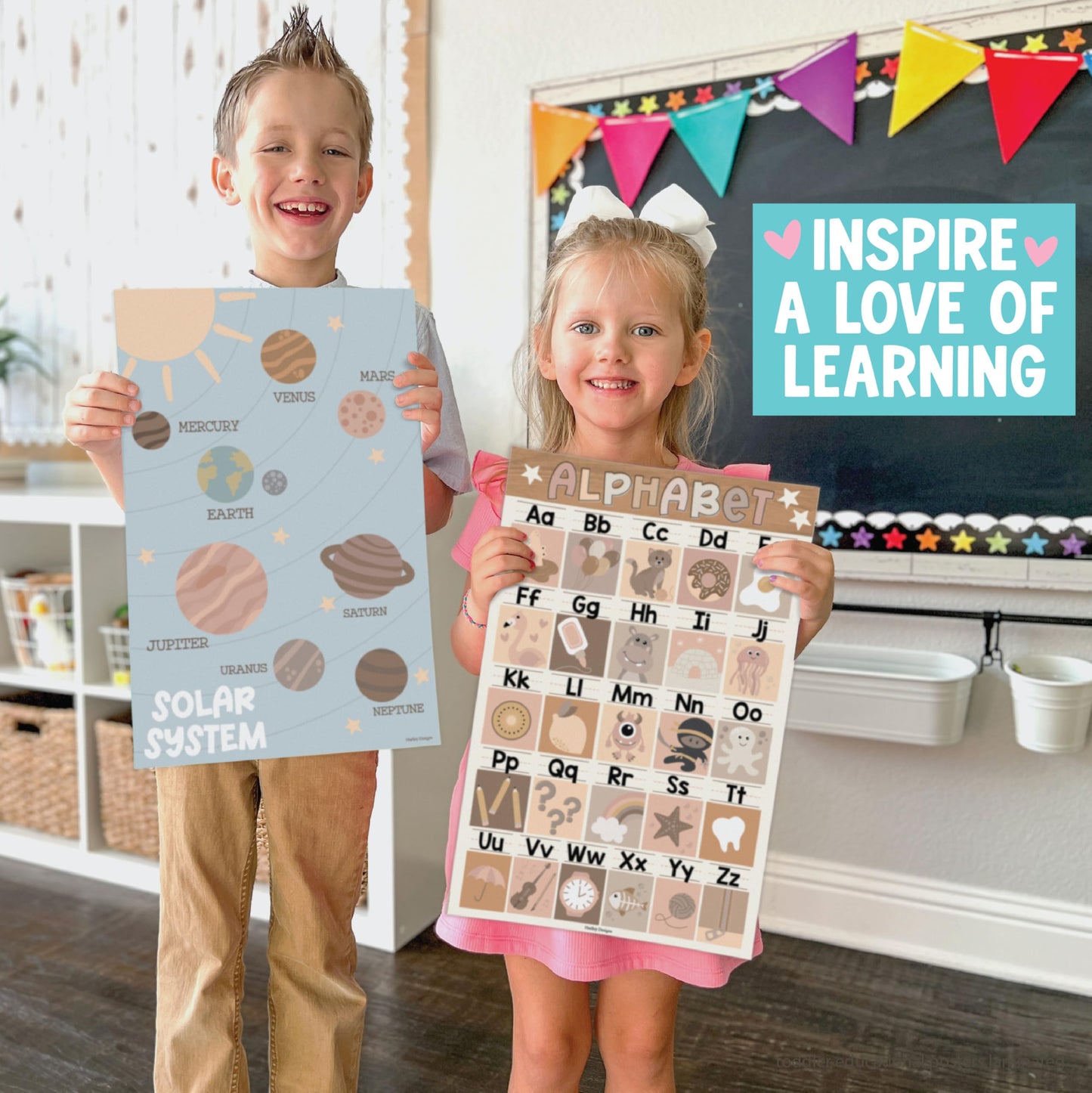 Hadley Designs 16 Educational Posters for Classroom Decor - Boho Educational Posters for Toddlers 1-3, Toddler Learning Posters for Kids Ages 3-5, Kindergarten & Preschool Classroom Must Haves