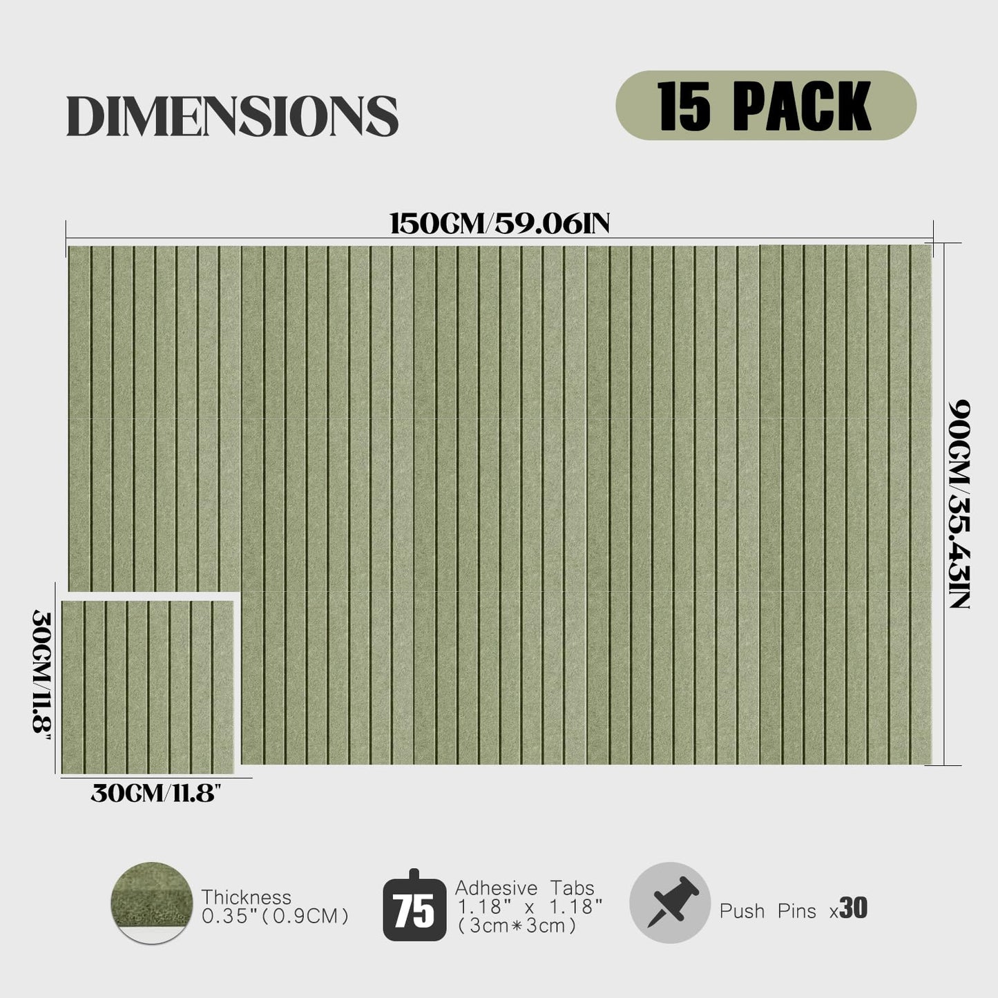 59 x 36 Felt Bulletin Board Tiles - 15 Pack 150g High-Density Sound Absorbing Panels, Slat Wall Cork Board Alternative for Office & Home, Includes 30 Pushpins & 75 Adhesive Tabs, Sage Green