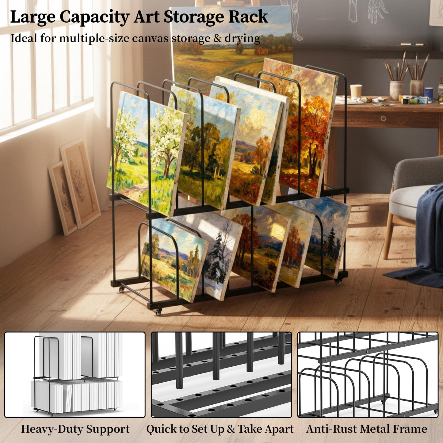 Tredre 2-Tier Art Storage Rack with Wheels, Extra-Large Adjustable Art Drying Painting Rack, Metal Canvas Storage Display Stand for Art Studio, Classroom and Gallery, 38.5" x 39.5" x 16" (Black)