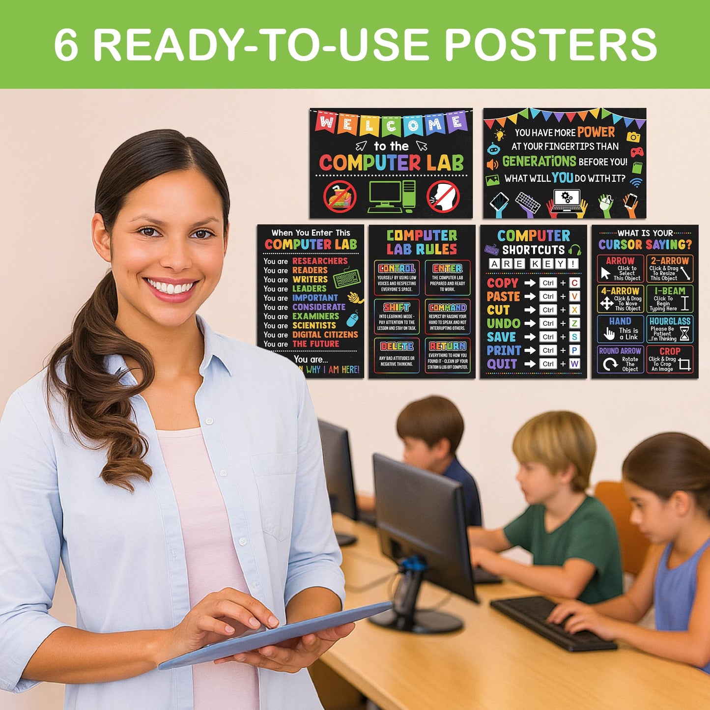 Lalunia 6 Pcs Computer Science Classroom Poster (11x16) - Computer Lab Posters, Teachers Supplies PC Shortcuts, Stem Technology Education Chart, PC Keyboard Wall Art For Kids, Back To School Gifts