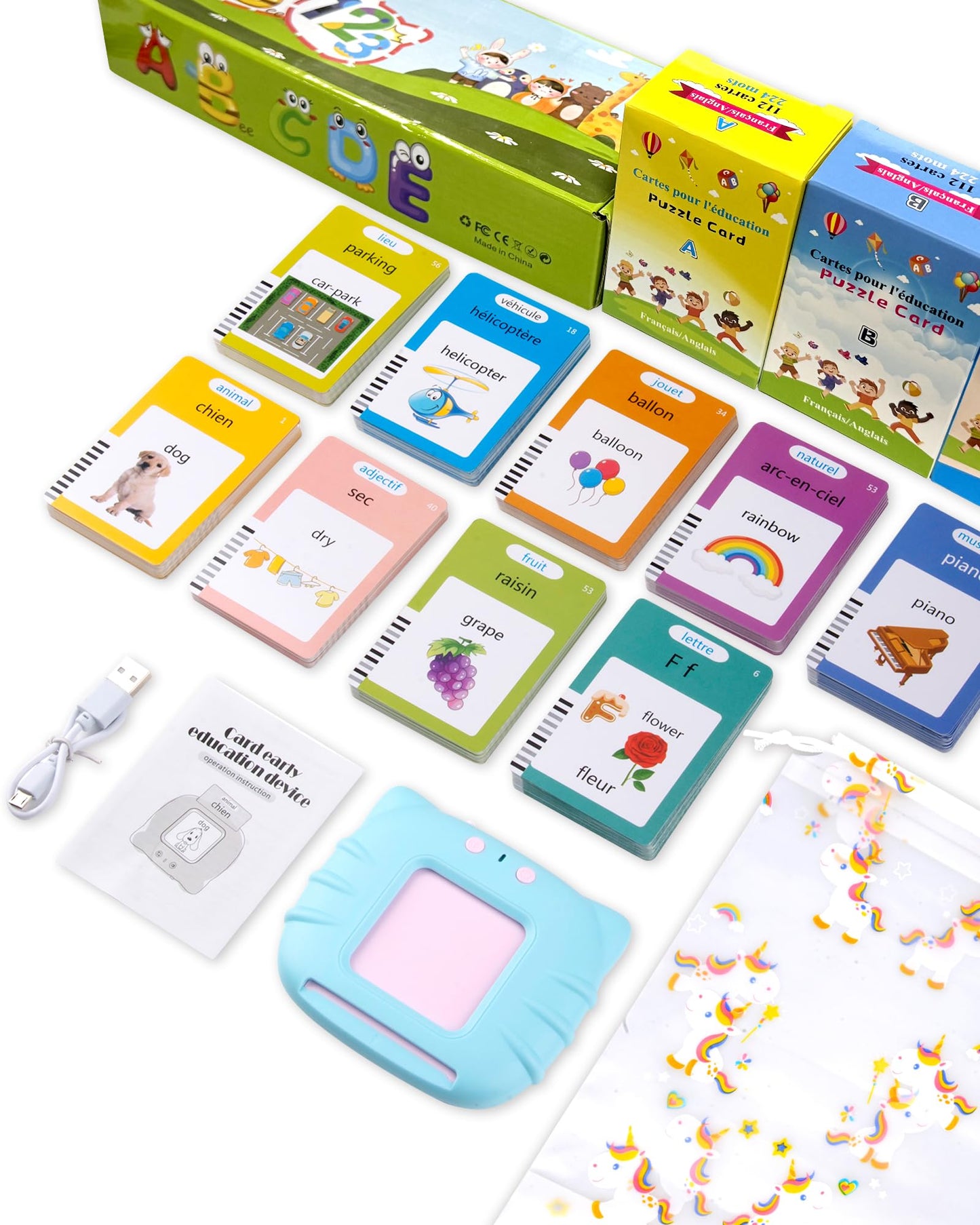 510 Words French Flash Cards for Kids, Toddler Learning Resources Toy, Autism Sensory Toys for Autistic Children Age d 2-4 Blue (French/English/Bilingual)