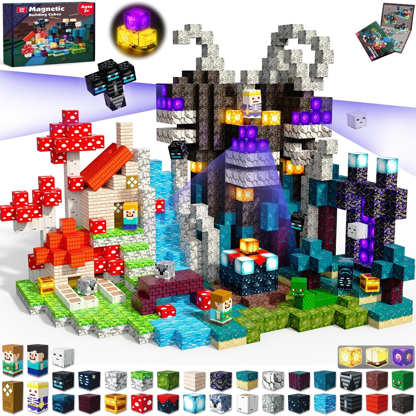 200 PCS Magnetic Blocks - Light Up Magnetic Building Blocks for Kids, Magnet Cubes Stacking for Boys Girls, STEM Montessori Sensory Toys Ages 3 4 5 6 7 8 9 10 11 12 13 Birthday Gifts