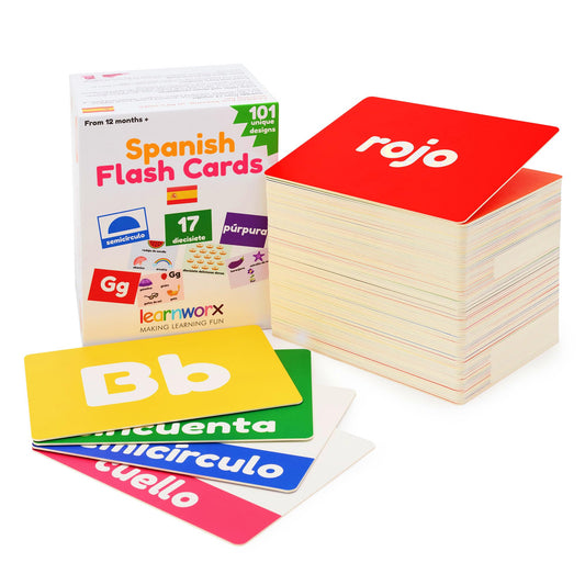 Spanish Flash Cards for Kids and Toddlers - 101 Cards - 202 Sides - Learn Shapes, Numbers, Colors, Body Parts, Counting, Letters & More - Great Value, Fun Learning and Educational Flashcards