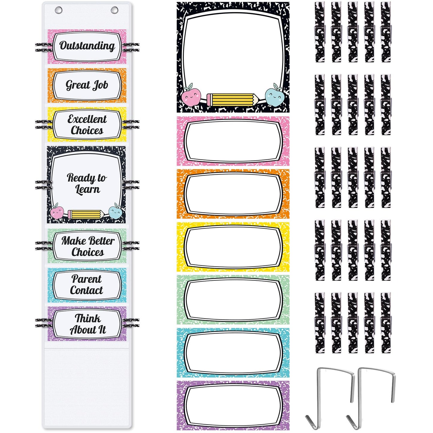 AmazingSpark 57 Pcs Classroom Behavior Chart for Student Management Kids Tracking Chart Hanging Creative Bulletin Board with 40 Clips for School Preschool Child Care(Composition Book)