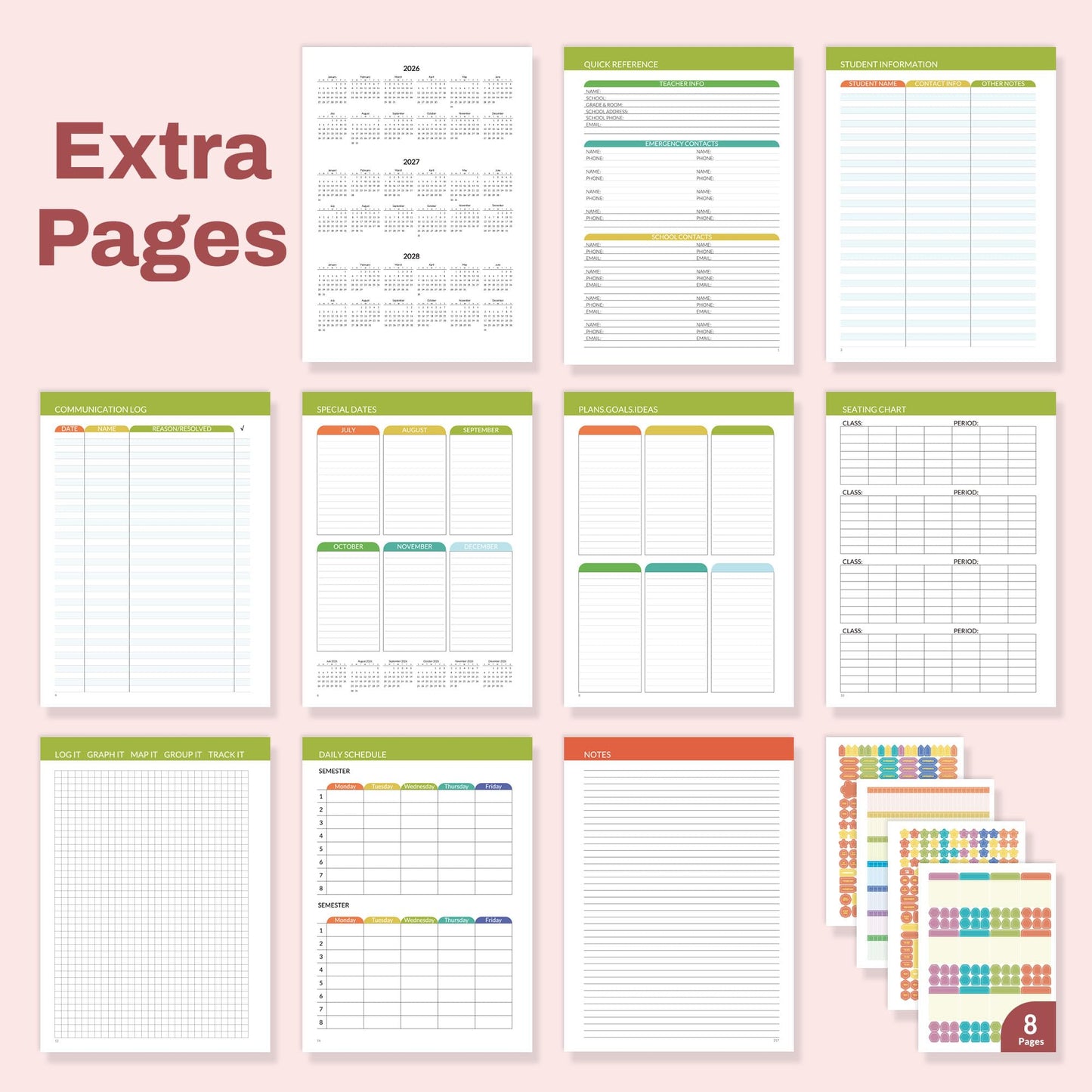 SUNEE Deluxe Teacher Planner 2026-2027, Lesson Planner Book with 7 Periods Jul 2026 - Jun 2027, 8.5" x 11" Daily Weekly and Monthly Organizers with Colorful Tabs, Planning Stickers,120gms Paper, Pink