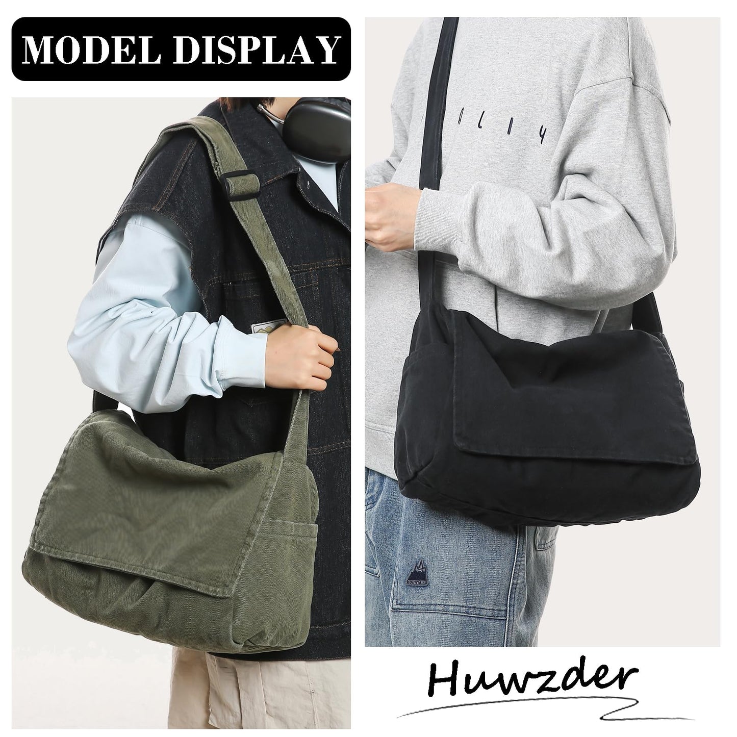 Huwzder Canvas Messenger Bag Large Satchel Bag Travel Hobo Bag Casual Tote Shoulder Bag for Women and Men (Black)
