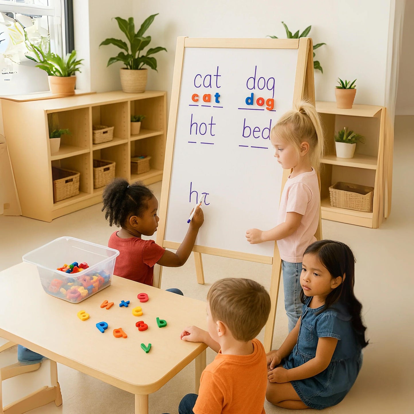 4-in-1 Wooden STEM Learning Easel – Magnetic, Write-and-Wipe & Flannel Board for Early Math, Geometry & Interactive Classroom Activities