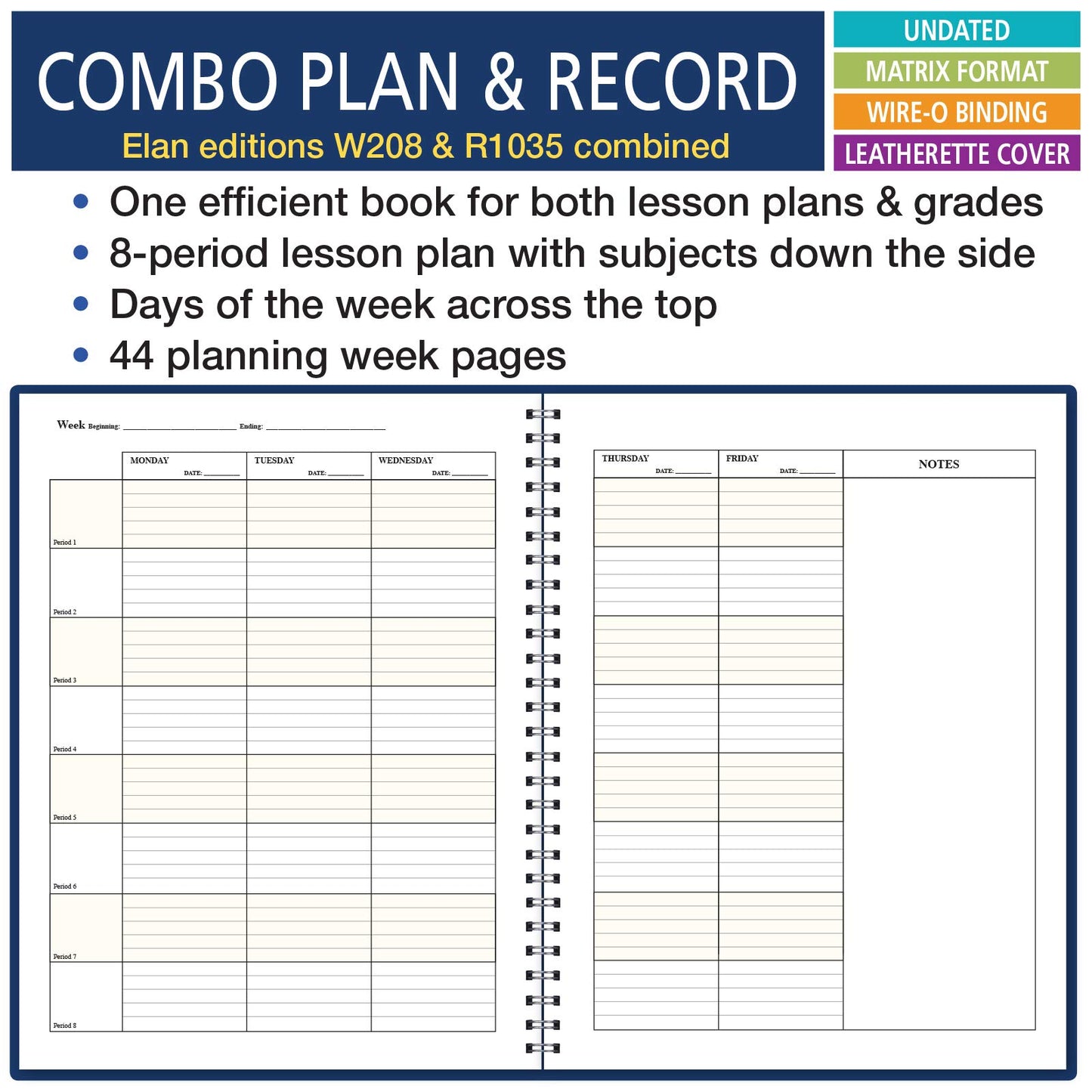Elan Publishing Company Combination Plan and Record Book - 8 Period Teacher Lesson Planner (PR8-1035) - PR8-1035