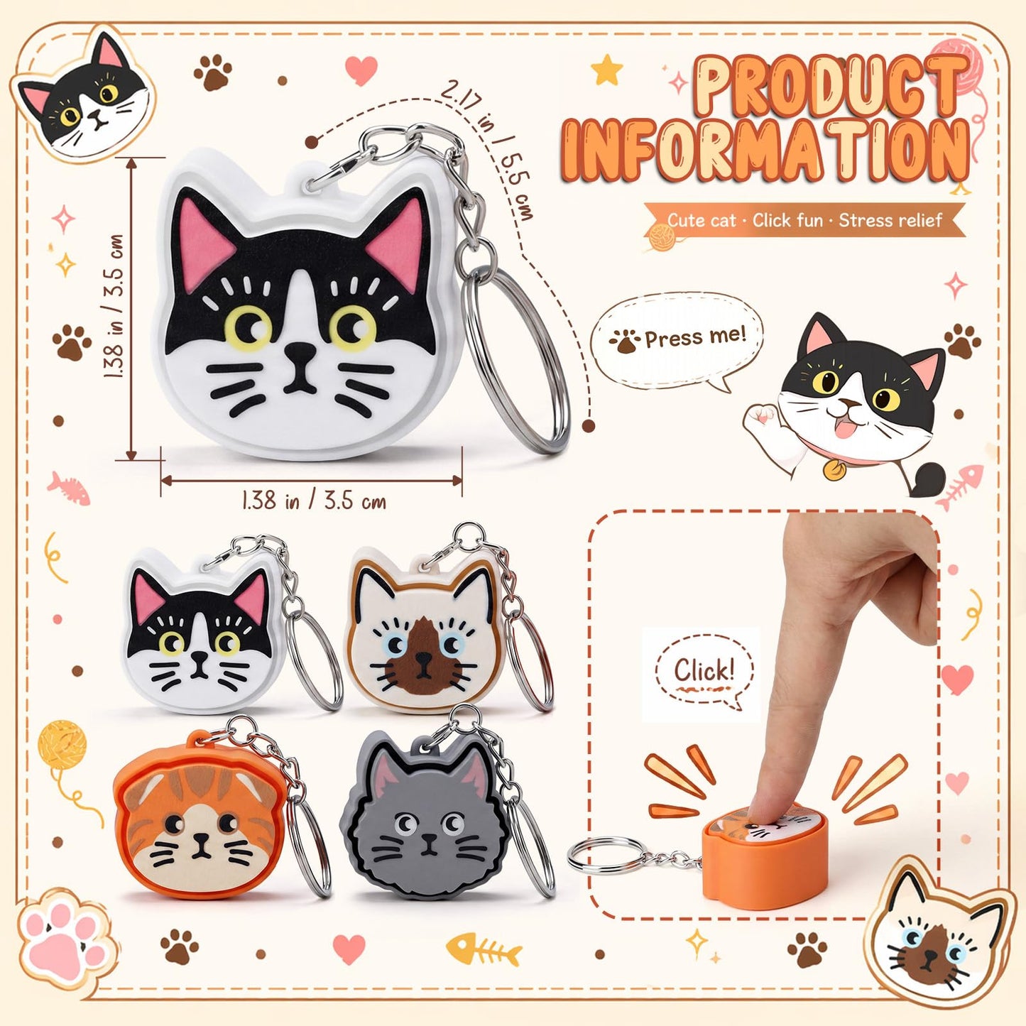 Kenning 12 Pcs Cat Clicker Fidget Keychain Bulk 3D Printed Sensory Clicker Fidget Toys for Adults Stress Relief Cat Party Favors Keychains for Birthday Goodie Bags Summer Giveaways Coworker Gifts