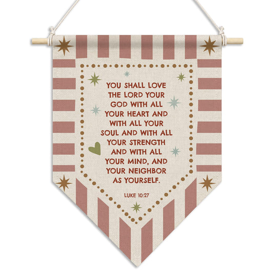 RUKUPA Christian Nursery Wall Art Decor, Bible Verse Hanging Pennant Flag, Religious Retro Pink Striped Wall Art Poster Hanger for Home Bedroom Kids Girl Nursery Room Decor, 11x15 Inch