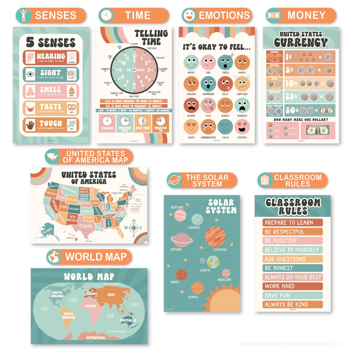 Hadley Designs 16 Educational Posters for Classroom Must Haves - Laminated Pre-K Posters for Toddler Homeschool Essentials, Toddler & Preschool Learning Activities, Kindergarten Classroom Decor