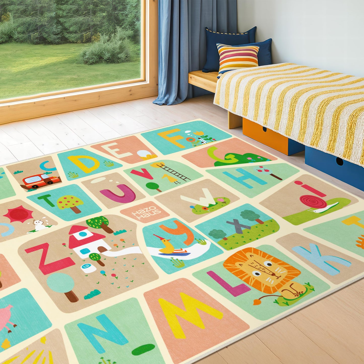 ABC Alphabet Rug for Preschool Kids Learning – 6x9 Baby Crawling Play Mat, Washable & Wipeable Floor Carpet, Soft & Non Skid Toddler Rug with Educational Letters and Whimsical Cartoon Art Decor