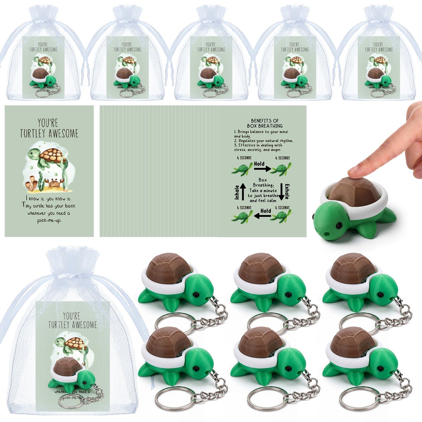 Junkin 24 Set Turtle Fidget Clicker Keychain 3D Printed Turtle Sensory Clicker Keychain Stress Relief with Inspirational Cards Employee Appreciation Gifts for Graduation Adult Coworkers Staff Team