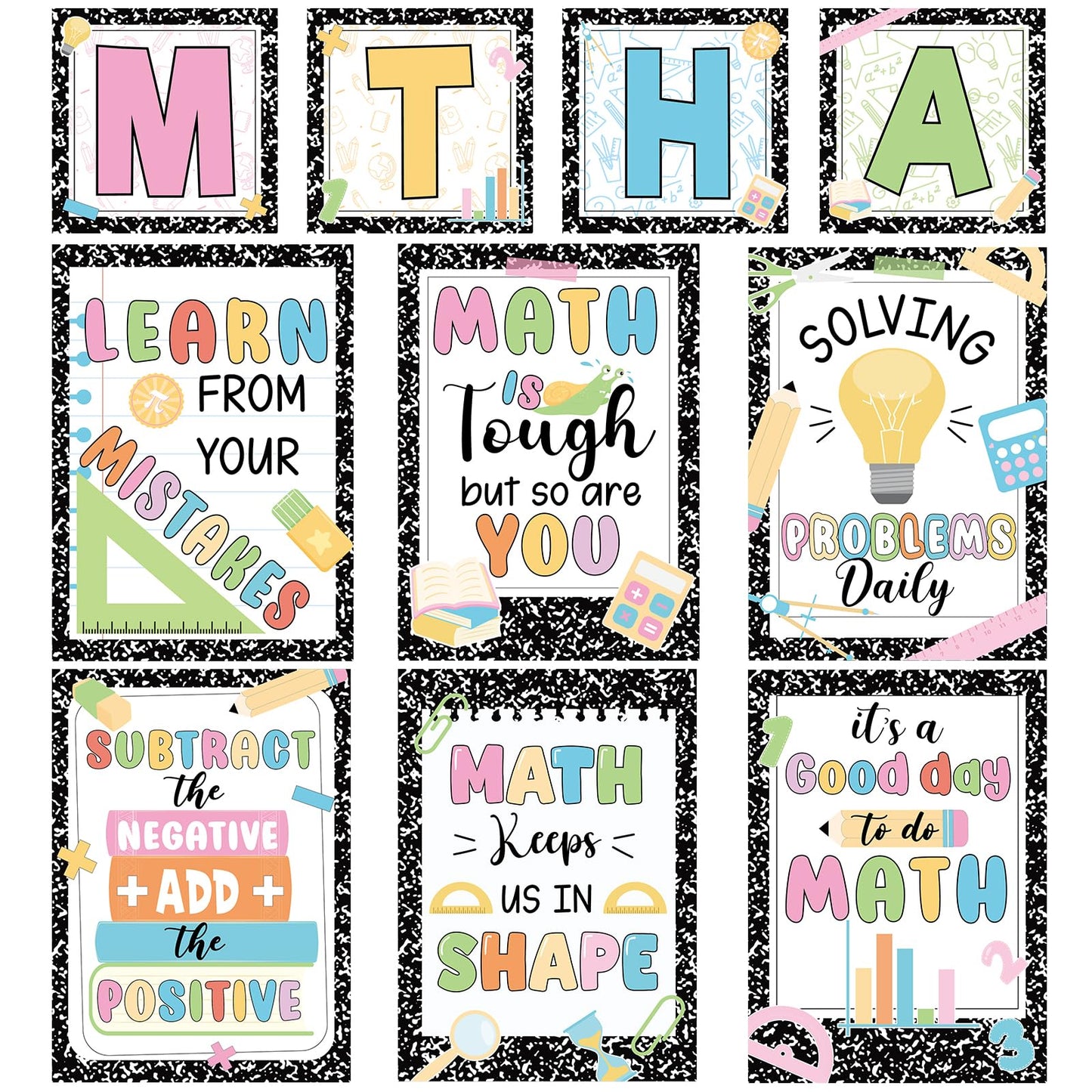 10PCS Composition Math Posters Math Inspirational Wall Chart Black White Speckle Classroom Decor Educational Mathematics Bulletin Board Decor for Elementary Middle School Teacher Chalkboard Supplies
