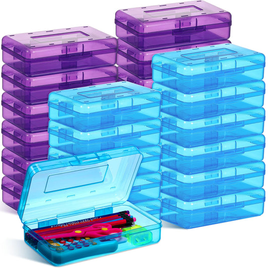 Fainne 24 Pack Pencil Boxes for School Clear Plastic Pencil Case Large Plastic Crayon Box Bulk Stackable Classroom Stationery Organizer School Supplies(Blue, Purple)