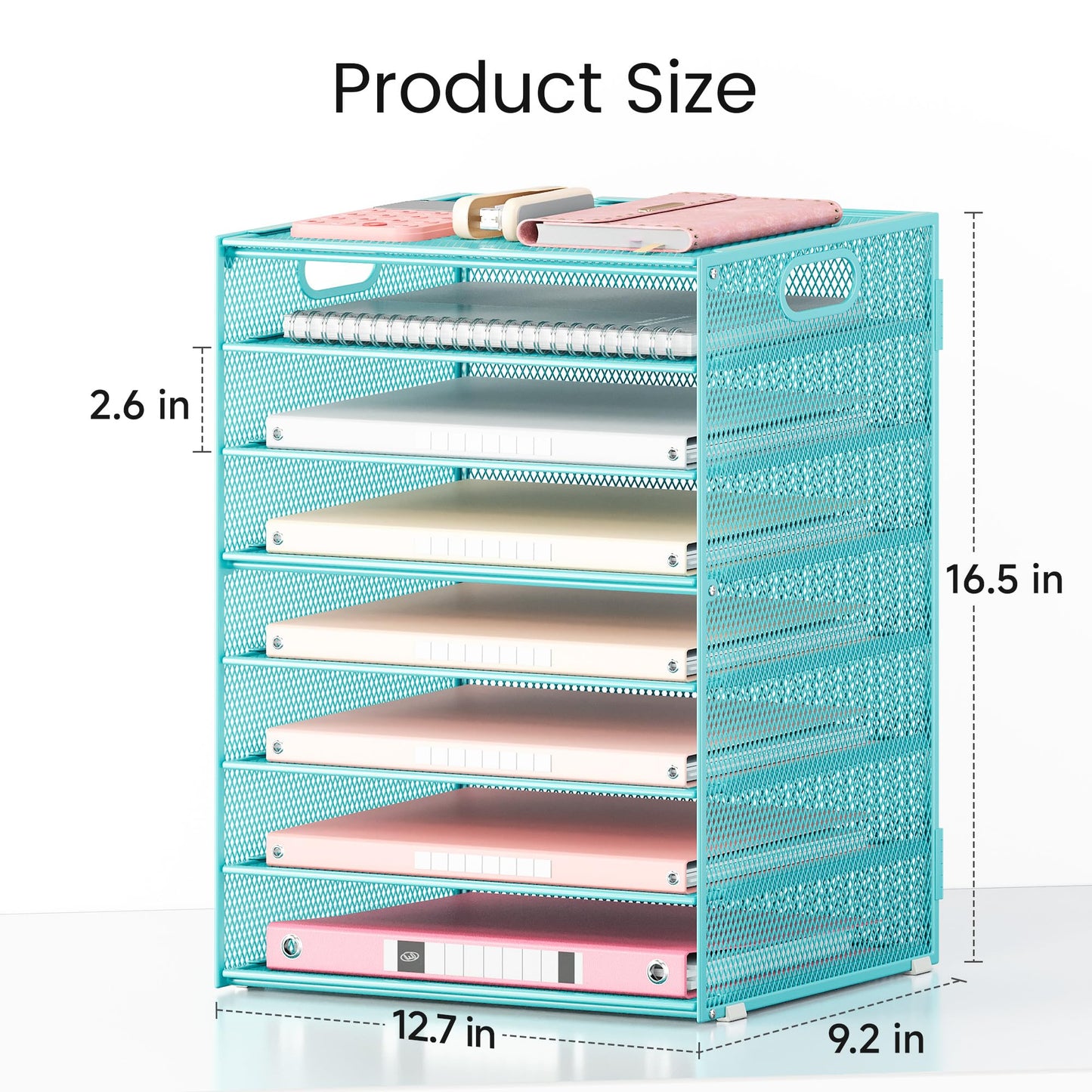 Lavatino 2 Pack 8-Tier Office Desk File Organizer, Letter Tray Paper Organizer with Handle, Including 5 Adjustable Slide Trays for Organizing Desk Workspace Accessories and Supplies (Blue Metal Mesh)